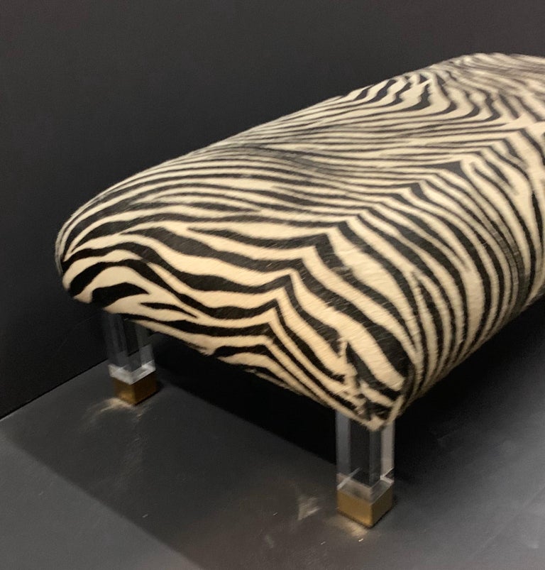 Pair of Modern Zebra Skin Lucite Brass Legs Ottomans Foot Stools