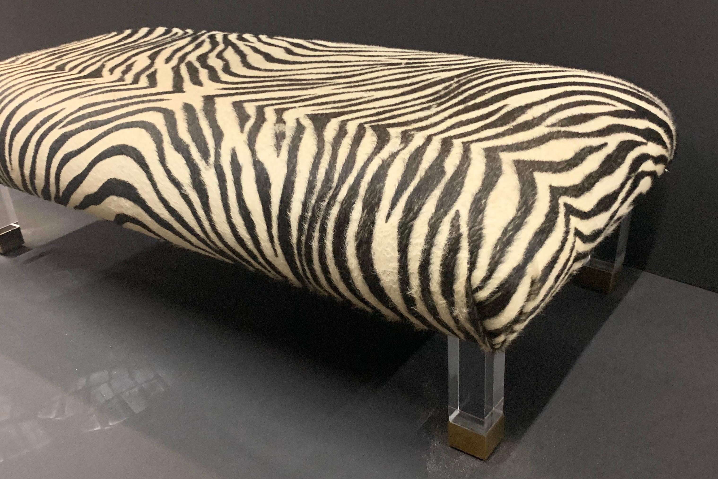 Pair of Modern Zebra Skin Lucite Brass Legs Ottomans Foot Stools Benches In Good Condition In Roslyn, NY