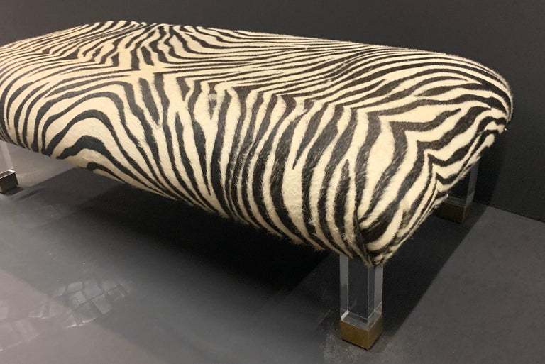 Pair of Modern Zebra Skin Lucite Brass Legs Ottomans Foot Stools