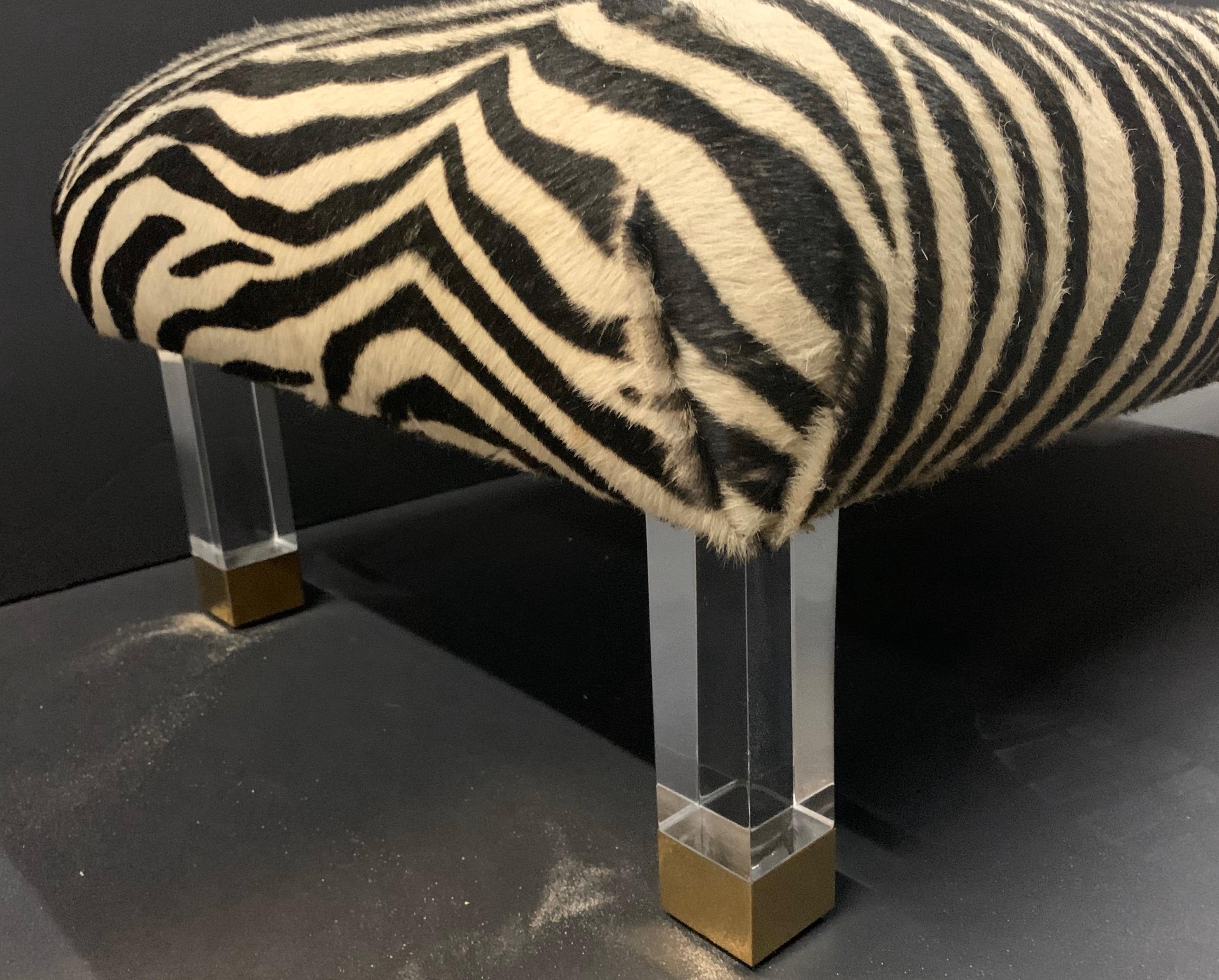 20th Century Pair of Modern Zebra Skin Lucite Brass Legs Ottomans Foot Stools Benches