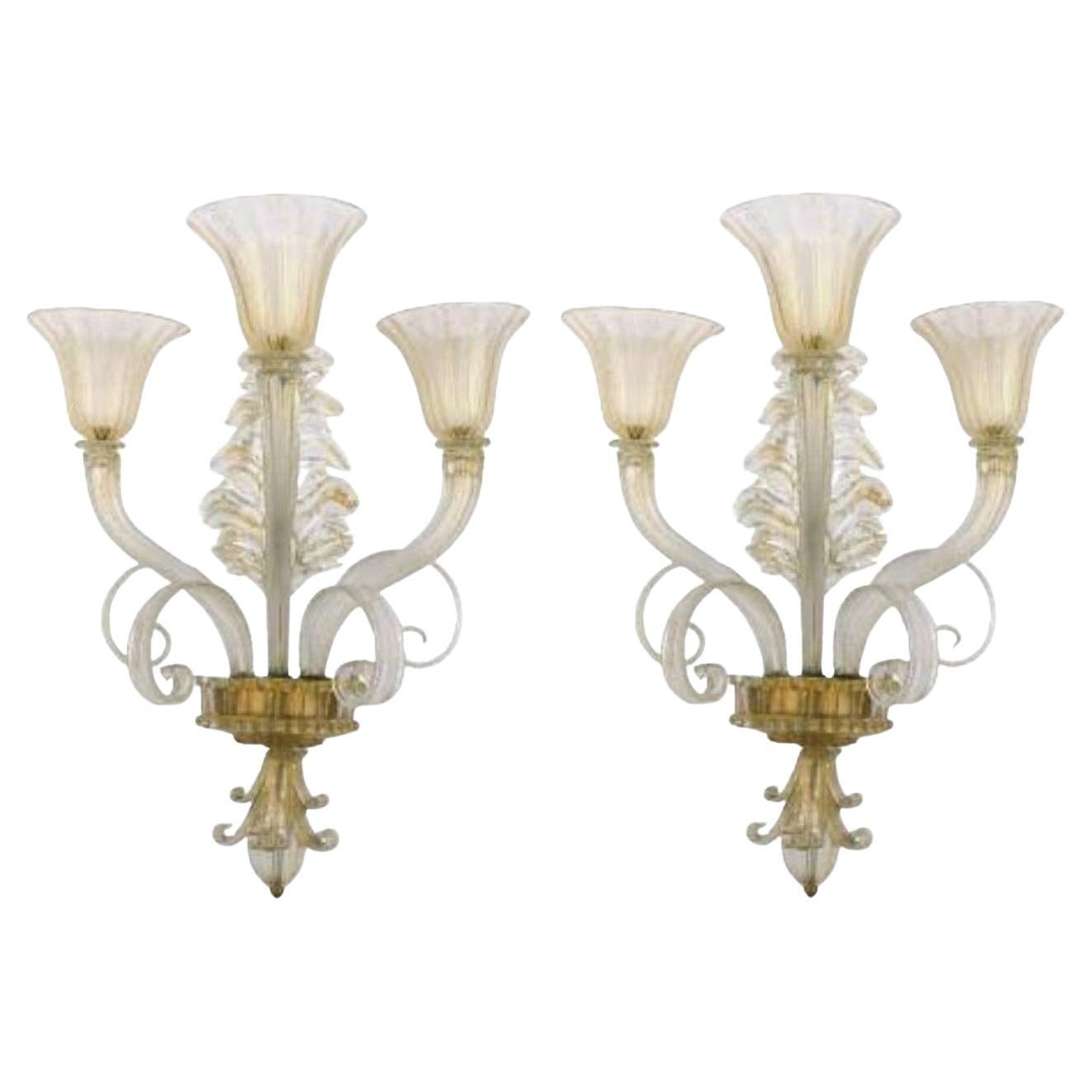 Wonderful Pair Murano Ercole Barovier Three-Arm Gold Blown Art Glass Sconces