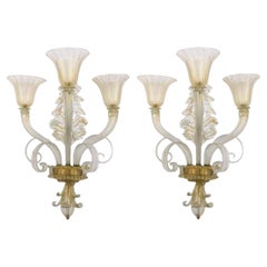 Wonderful Pair Murano Ercole Barovier Three-Arm Gold Blown Art Glass Sconces