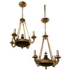 Wonderful Pair Neoclassical Empire Bronze Patinated Chandeliers 4-Light Fixtures