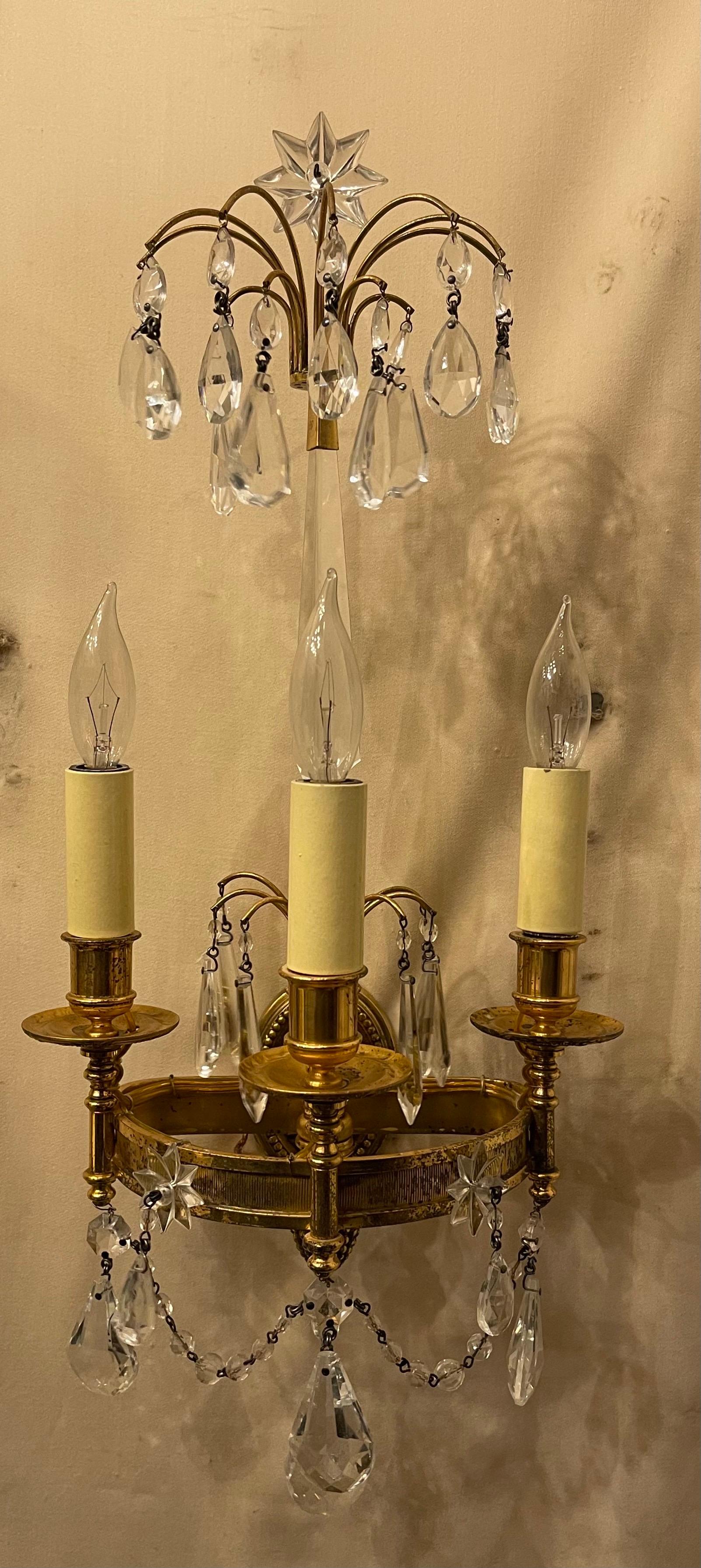 French Wonderful Neoclassical Pair Regency Empire Baltic Dore Bronze Crystal Sconces For Sale
