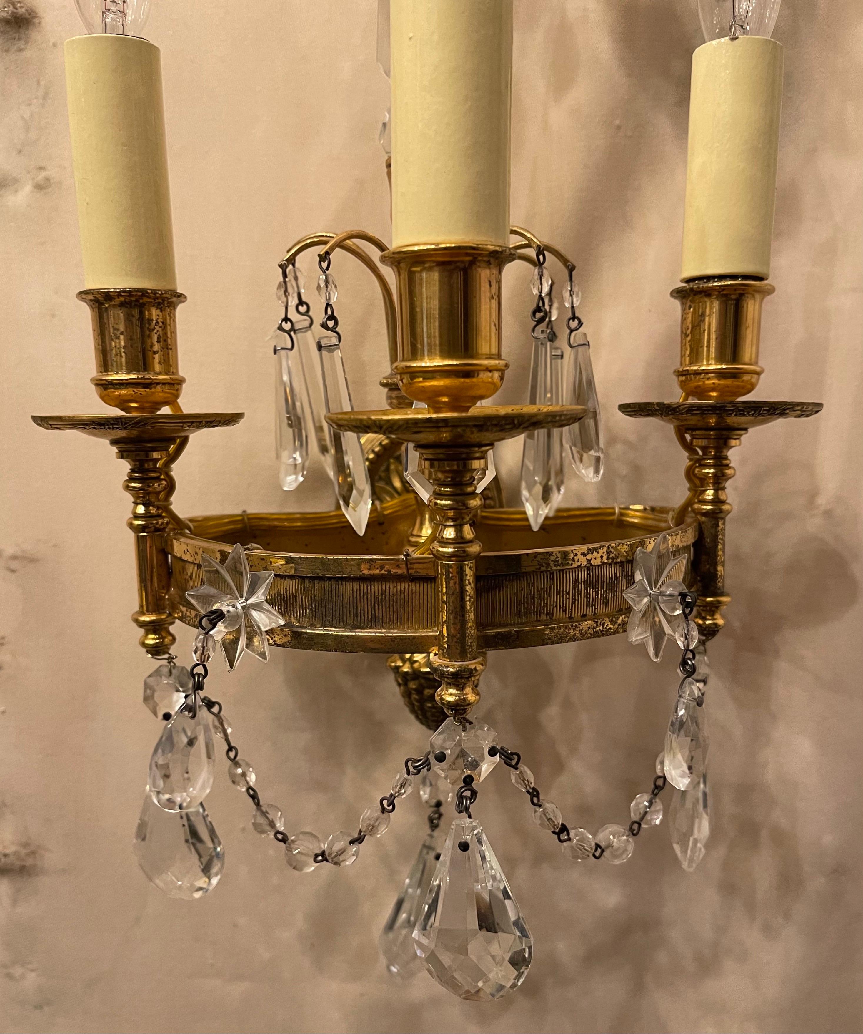 Wonderful Neoclassical Pair Regency Empire Baltic Dore Bronze Crystal Sconces In Good Condition For Sale In Roslyn, NY