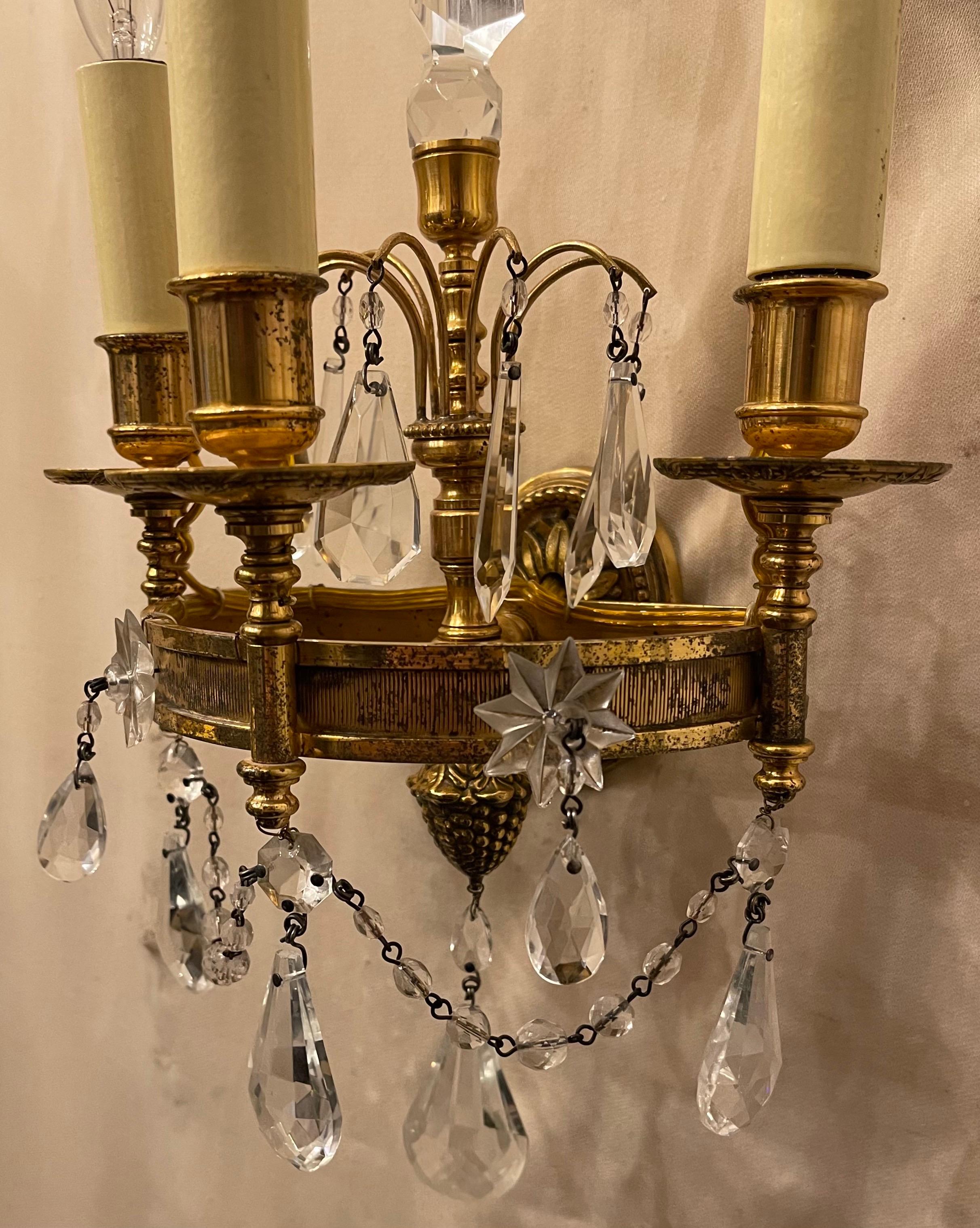 20th Century Wonderful Neoclassical Pair Regency Empire Baltic Dore Bronze Crystal Sconces For Sale