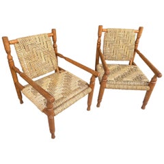 Vintage Wonderful Pair of 1950s French Rope and Wood Chairs by Audoux and Minet