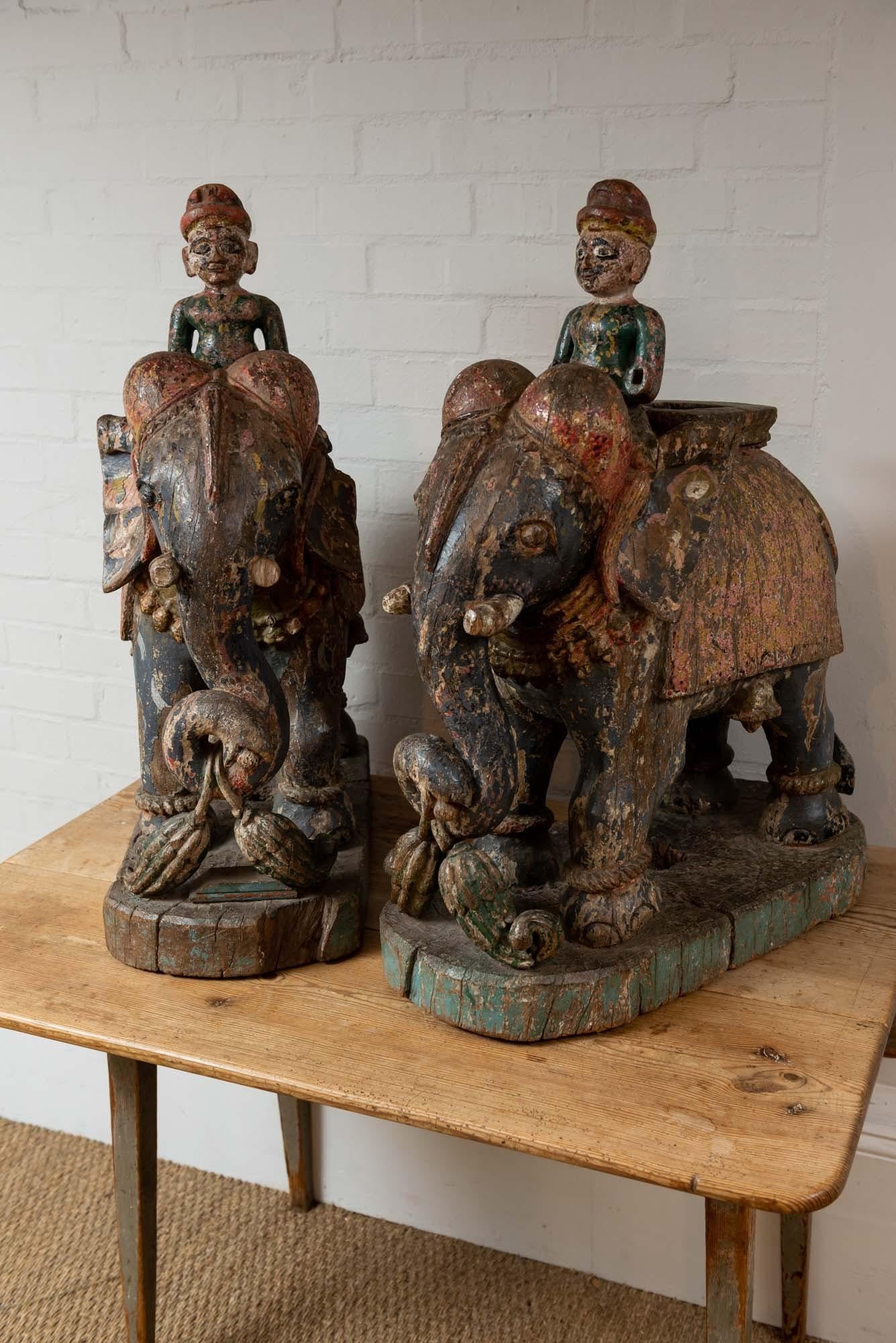 Anglo Raj Wonderful Pair of 19th Century Original Painted Elephants from Rajasthan For Sale