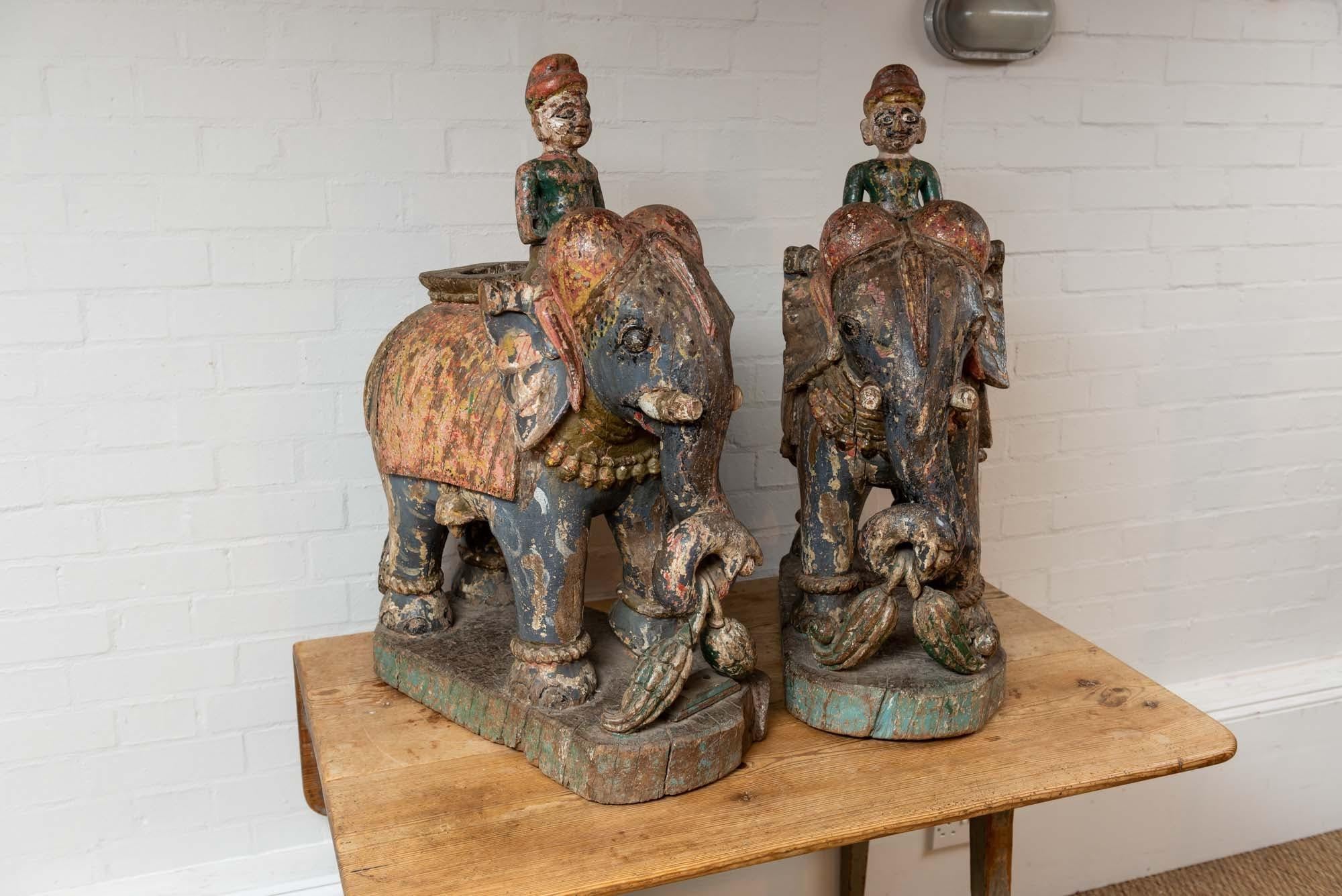 Indian Wonderful Pair of 19th Century Original Painted Elephants from Rajasthan For Sale