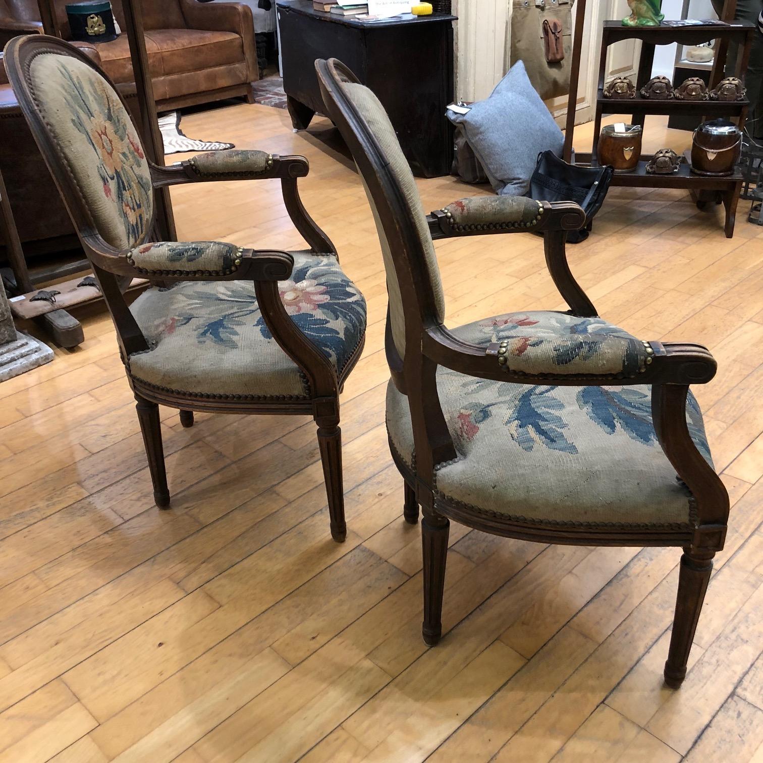 French Wonderful Pair of 19th Century Tapestry and Carved Wood Armchairs