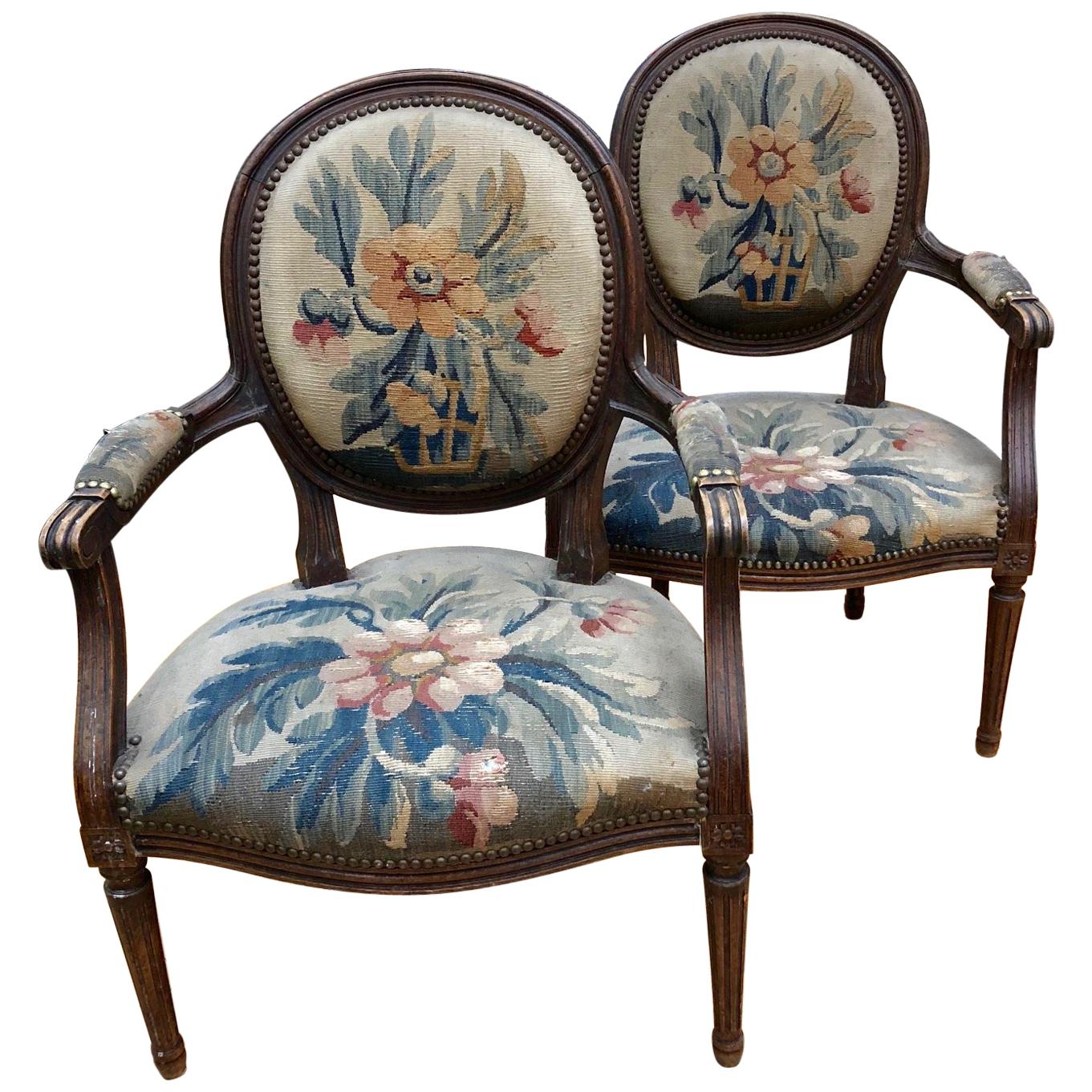 Wonderful Pair of 19th Century Tapestry and Carved Wood Armchairs