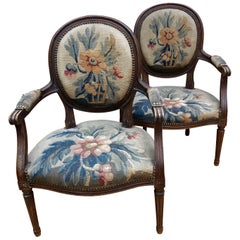 Wonderful Pair of 19th Century Tapestry and Carved Wood Armchairs