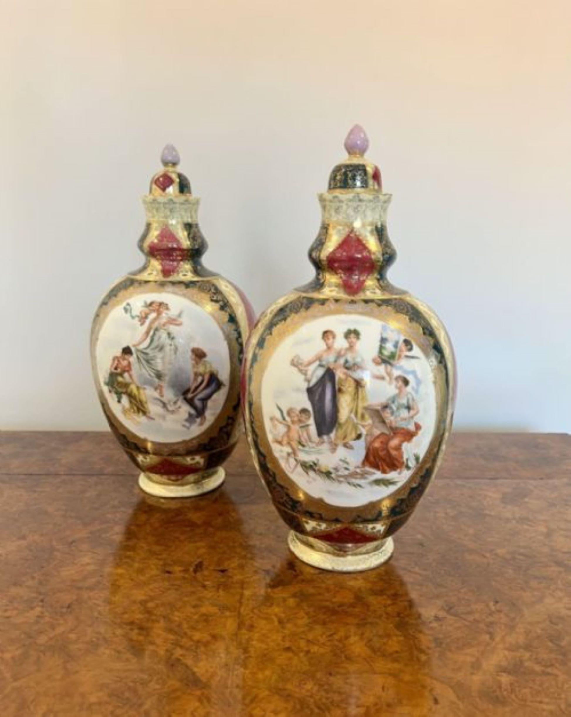 Wonderful pair of antique Victorian quality porcelain lidded vases For Sale 1