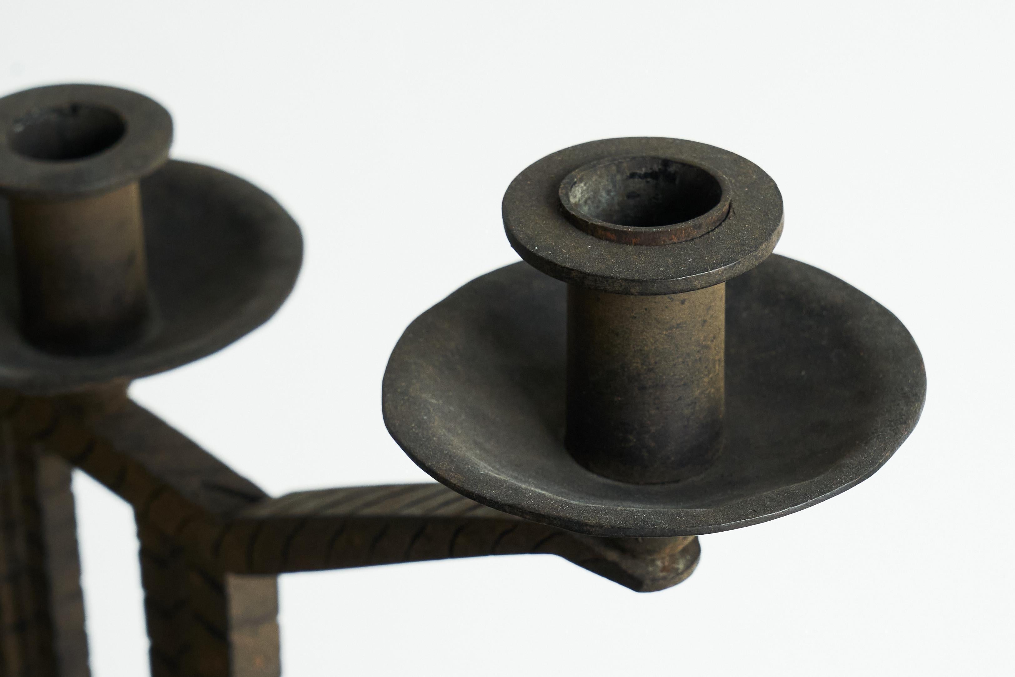 Wonderful Pair of Art Deco Candle Holders in Wrought Iron and Stone 1930s For Sale 4