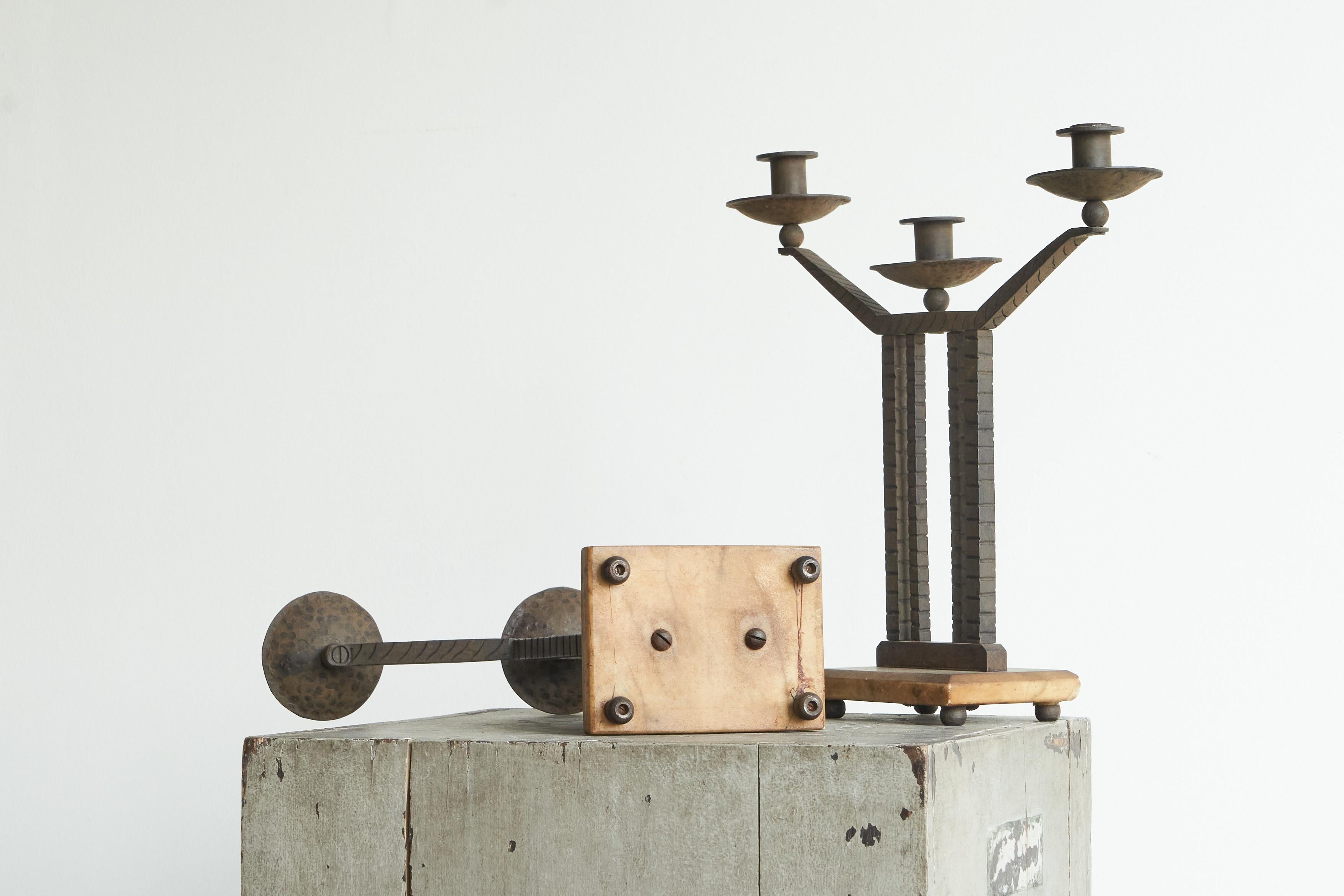 Wonderful Pair of Art Deco Candle Holders in Wrought Iron and Stone 1930s For Sale 6