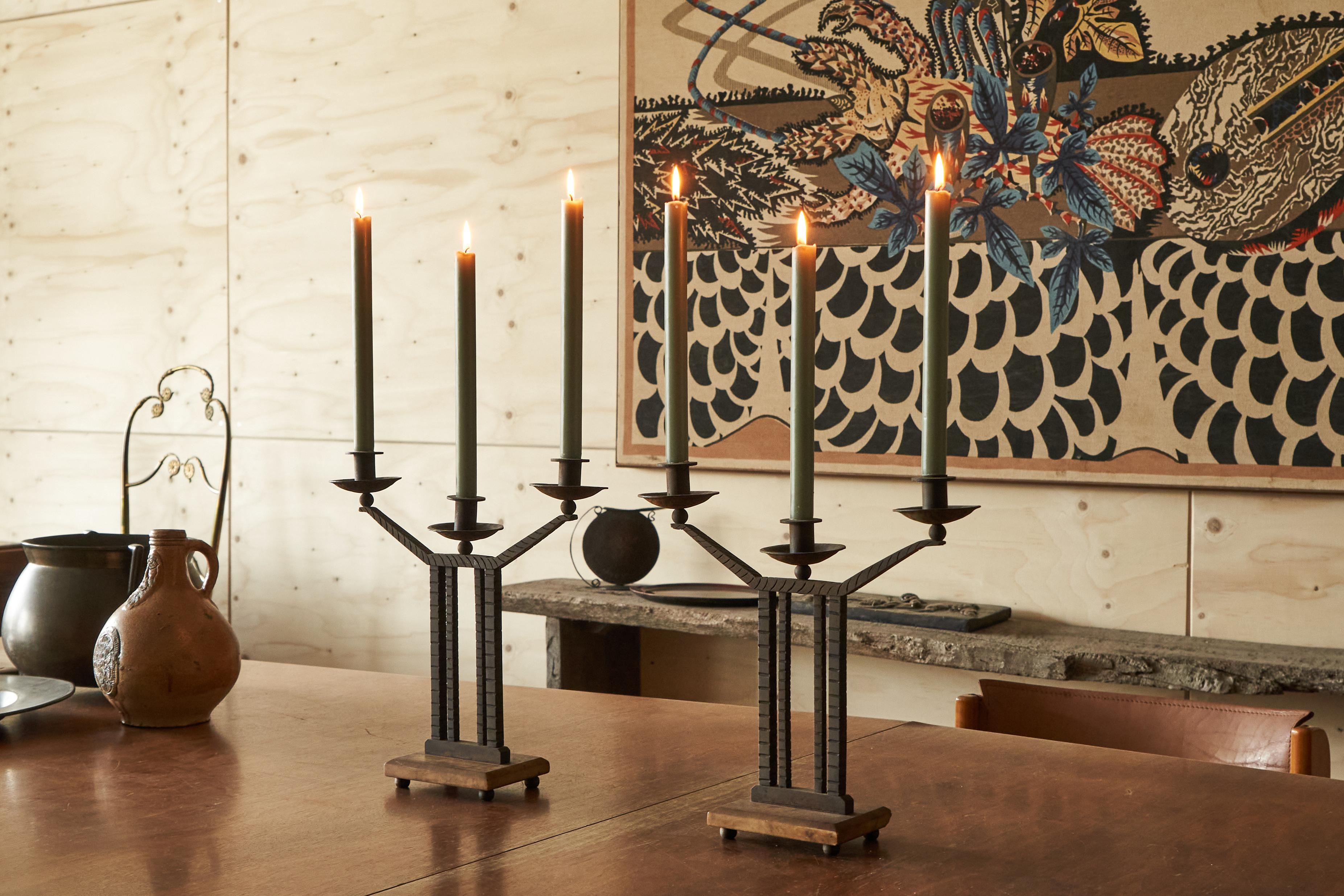 Wonderful Pair of Art Deco Candle Holders in Wrought Iron and Stone 1930s For Sale 7