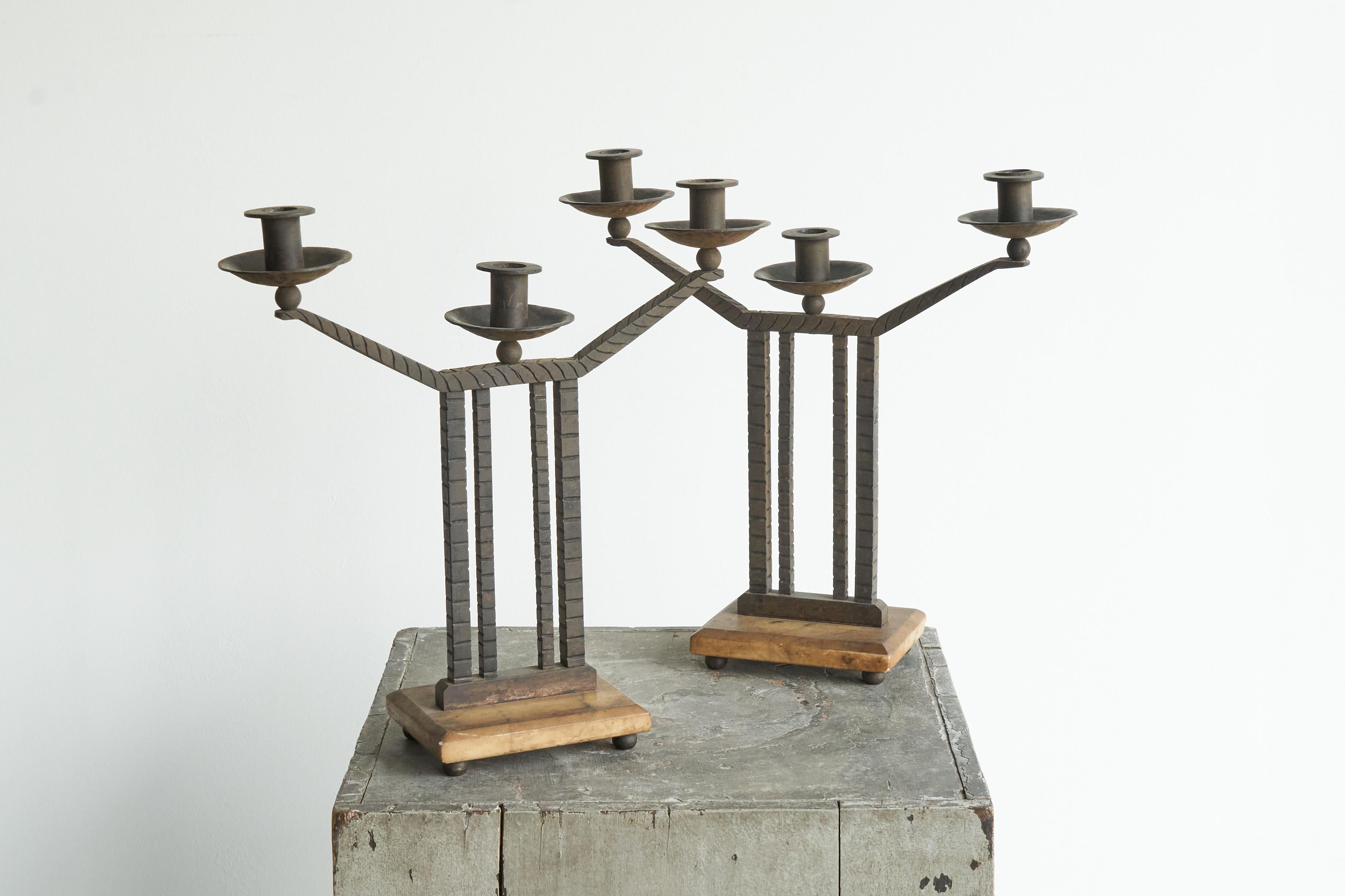 European Wonderful Pair of Art Deco Candle Holders in Wrought Iron and Stone 1930s For Sale