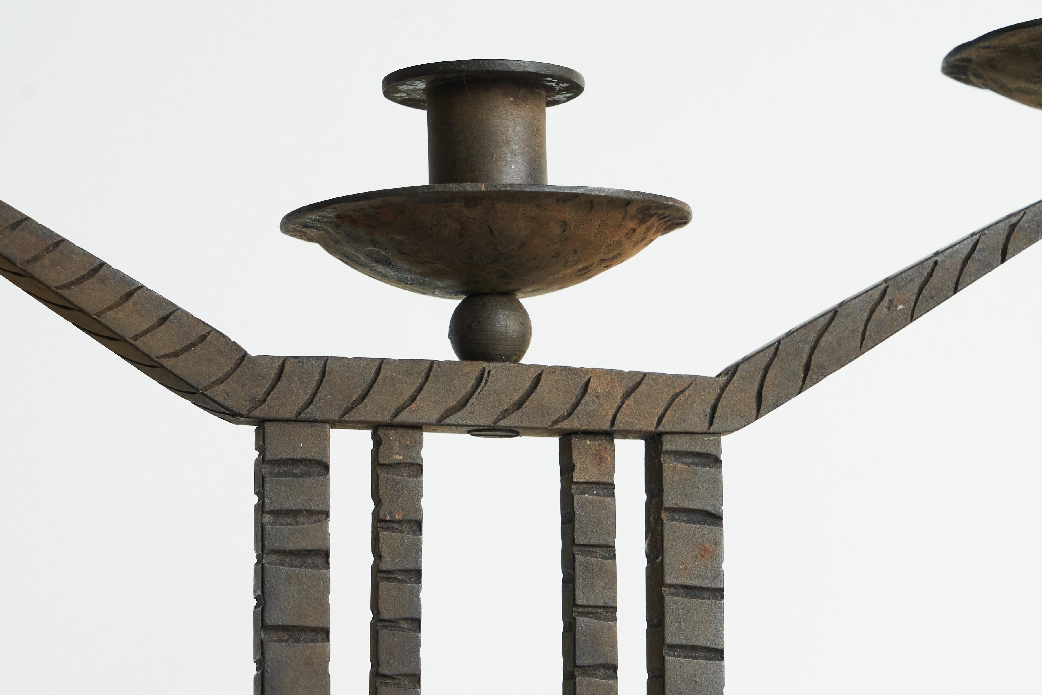 Wonderful Pair of Art Deco Candle Holders in Wrought Iron and Stone 1930s For Sale 1