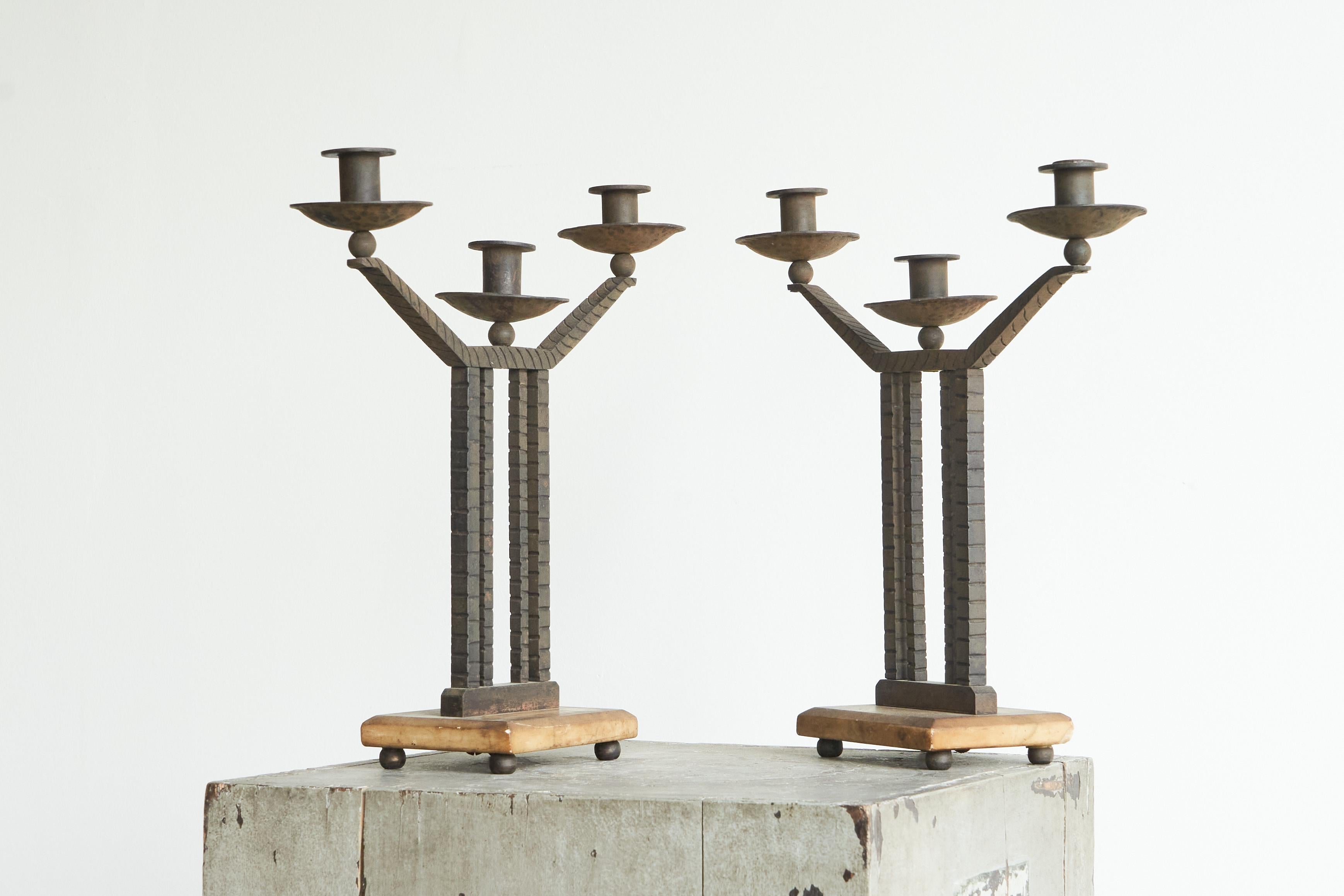 Wonderful Pair of Art Deco Candle Holders in Wrought Iron and Stone 1930s For Sale 3
