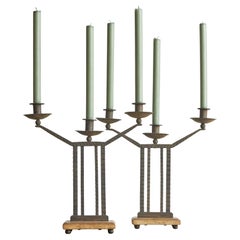 Wonderful Pair of Art Deco Candle Holders in Wrought Iron and Stone 1930s