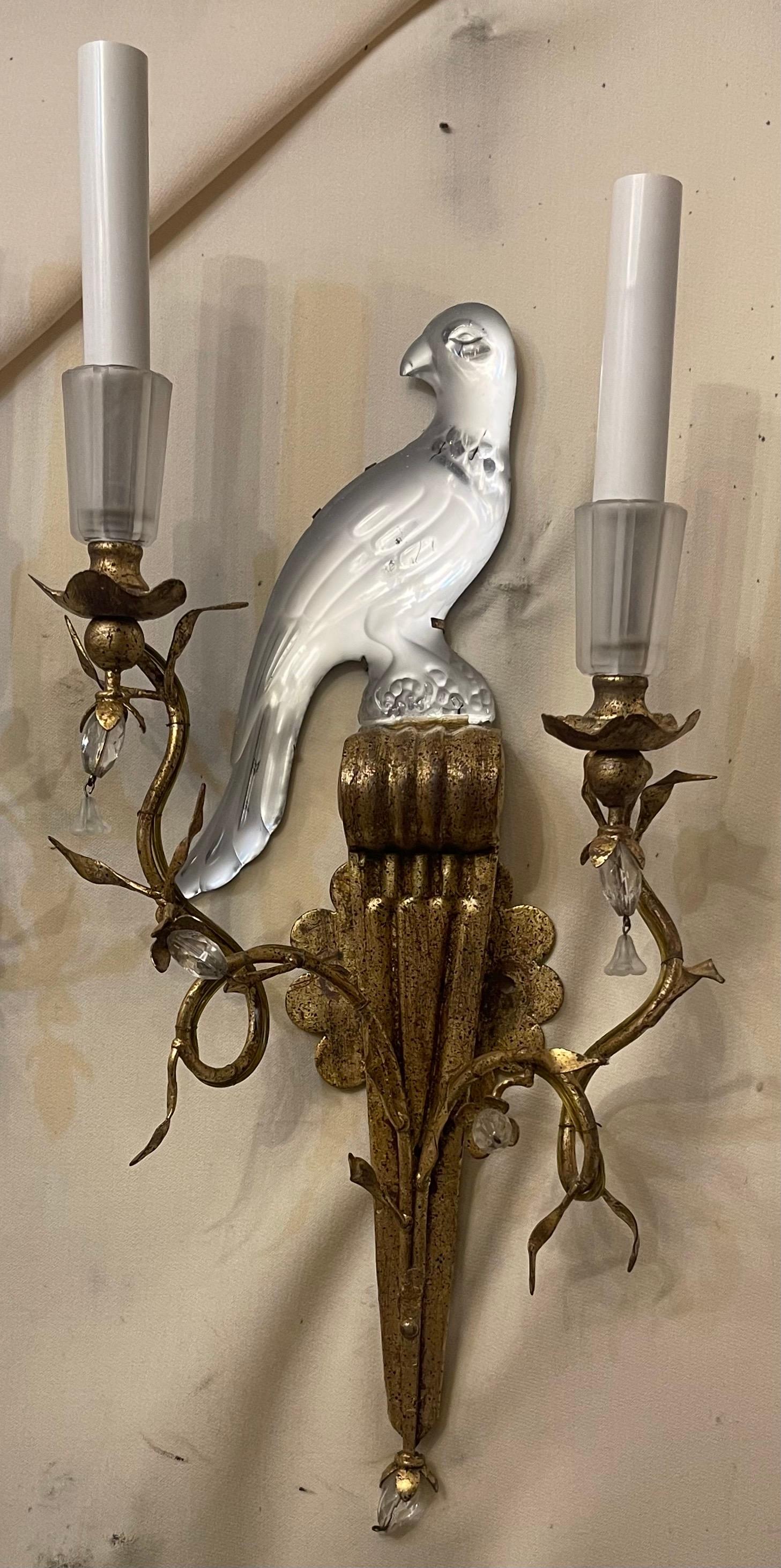 Belle Époque Wonderful Pair of Baguès Sherle Wagner Two-Arm Rock Crystal Bird Urn Sconces For Sale