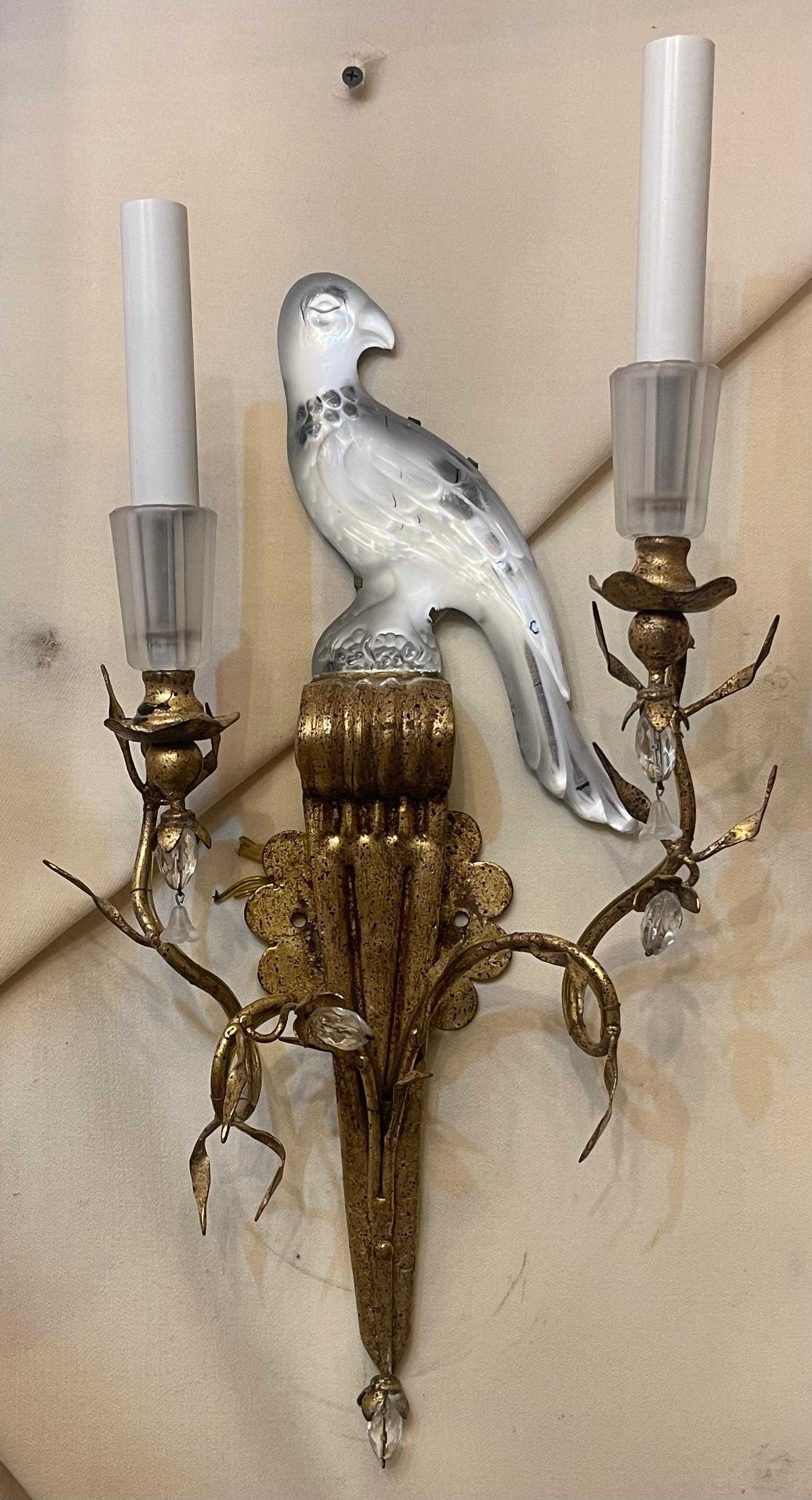 Italian Wonderful Pair of Baguès Sherle Wagner Two-Arm Rock Crystal Bird Urn Sconces For Sale