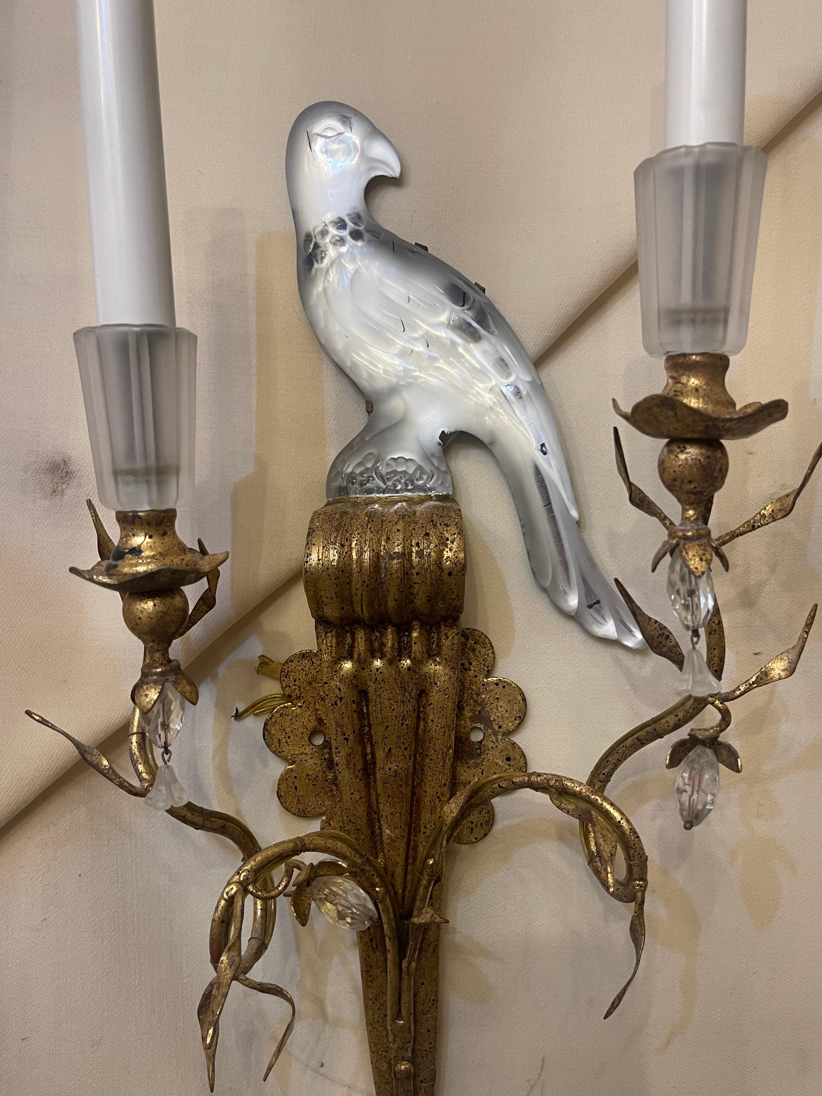 Gilt Wonderful Pair of Baguès Sherle Wagner Two-Arm Rock Crystal Bird Urn Sconces For Sale