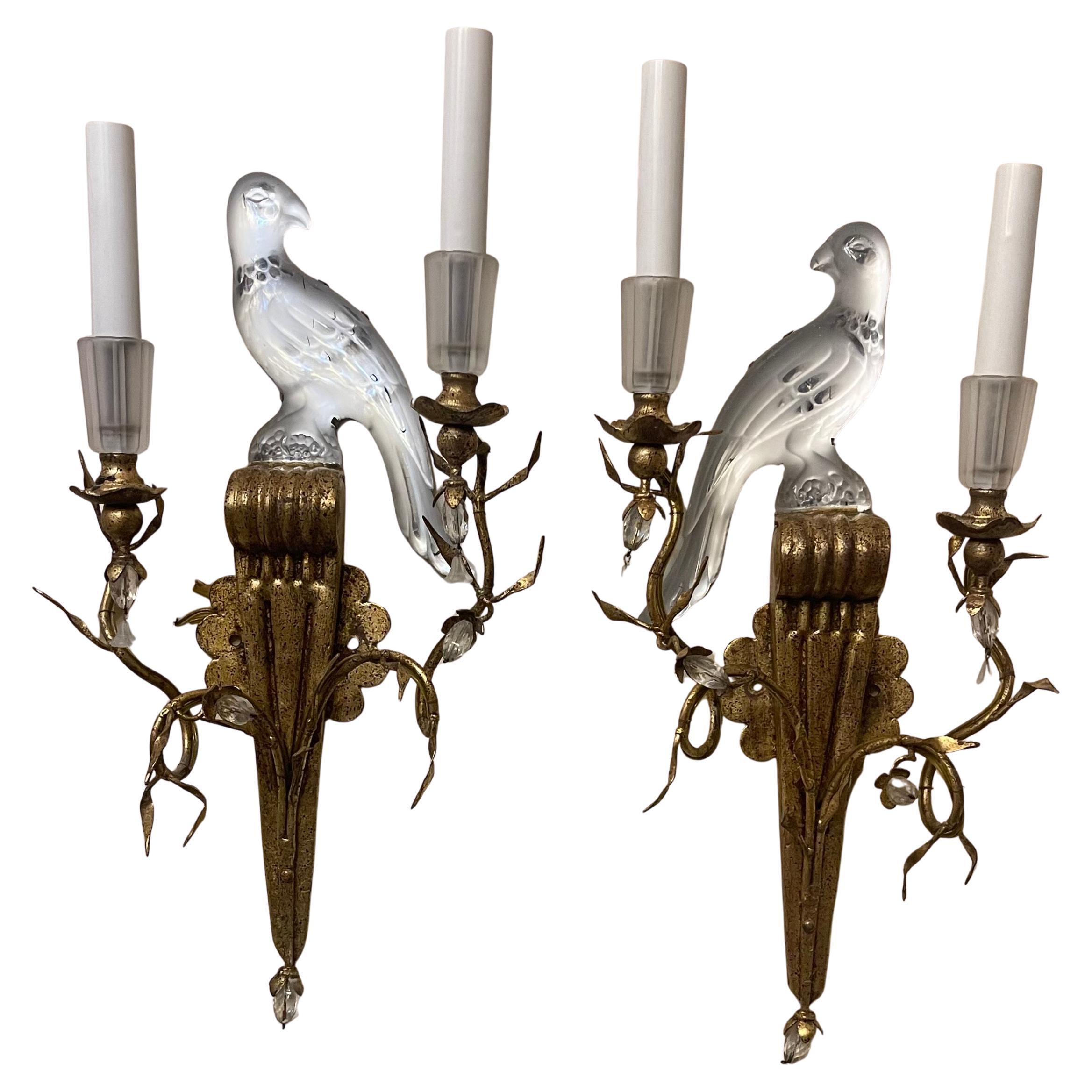 Wonderful Pair of Baguès Sherle Wagner Two-Arm Rock Crystal Bird Urn Sconces For Sale