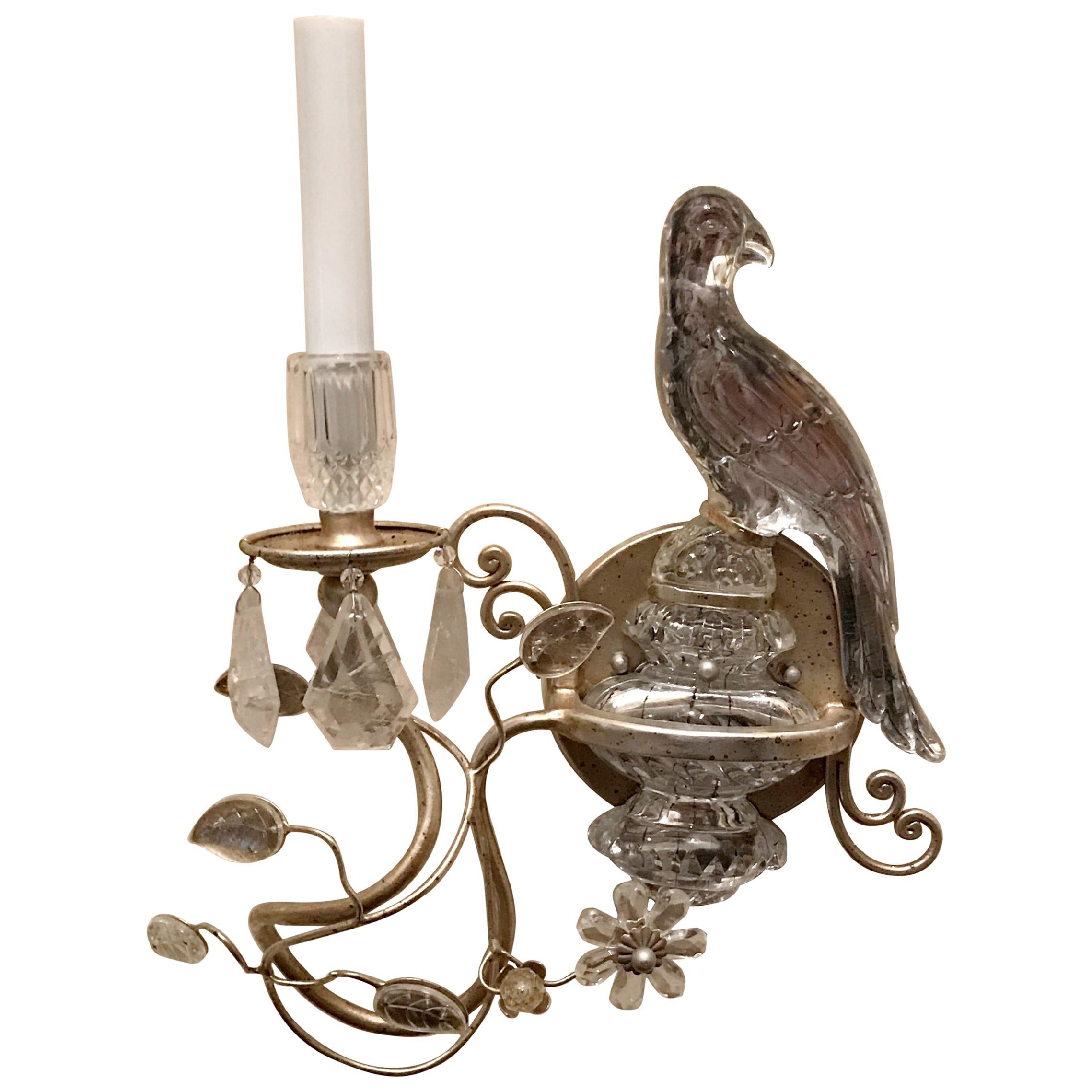 Wonderful Pair of Baguès Style Silver Gilt Rock Crystal Parrot Bird Sconces