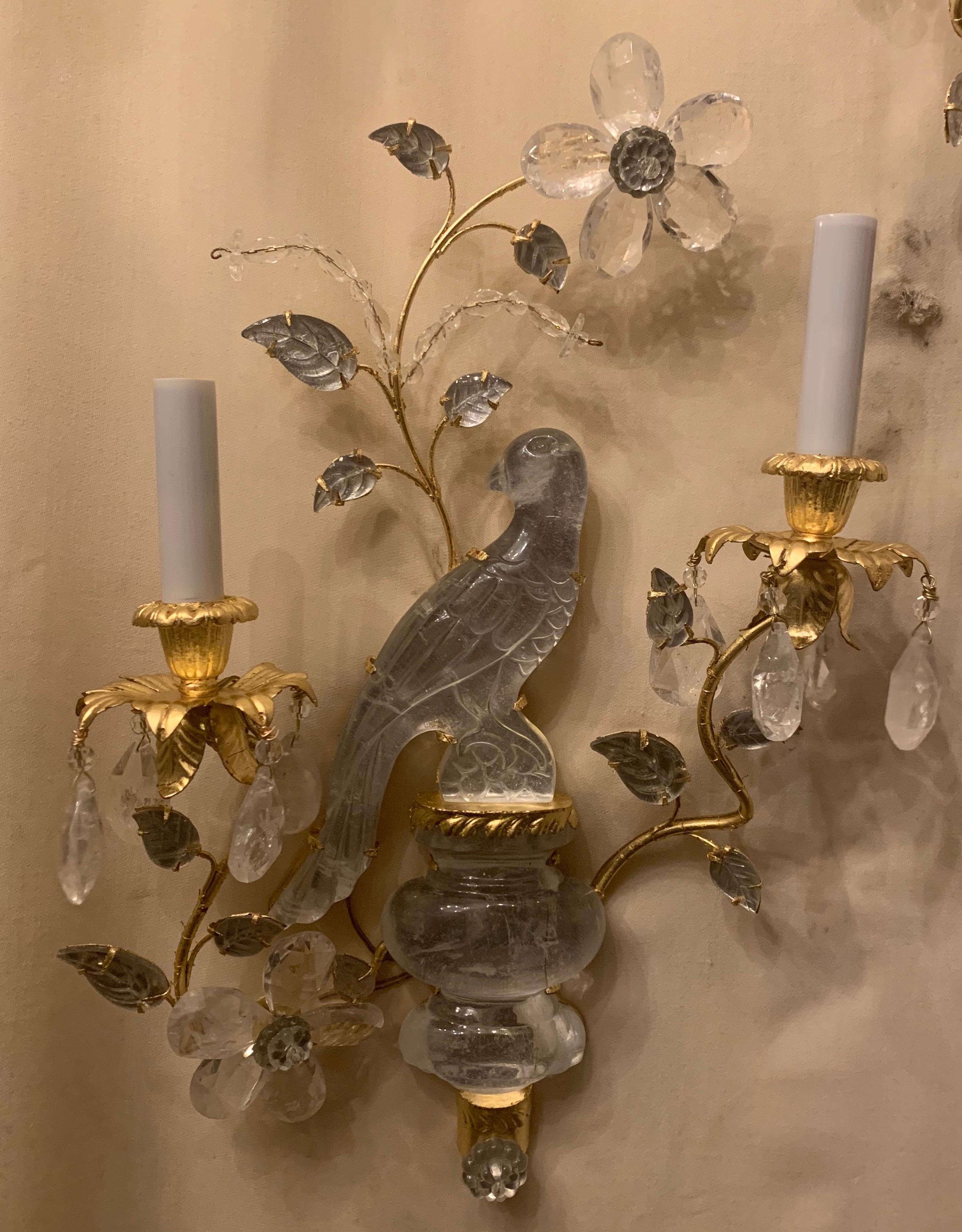 Belle Époque Wonderful Pair of Baguès Style Two-Arm Rock Crystal Bird Parrot Urn Form Sconces