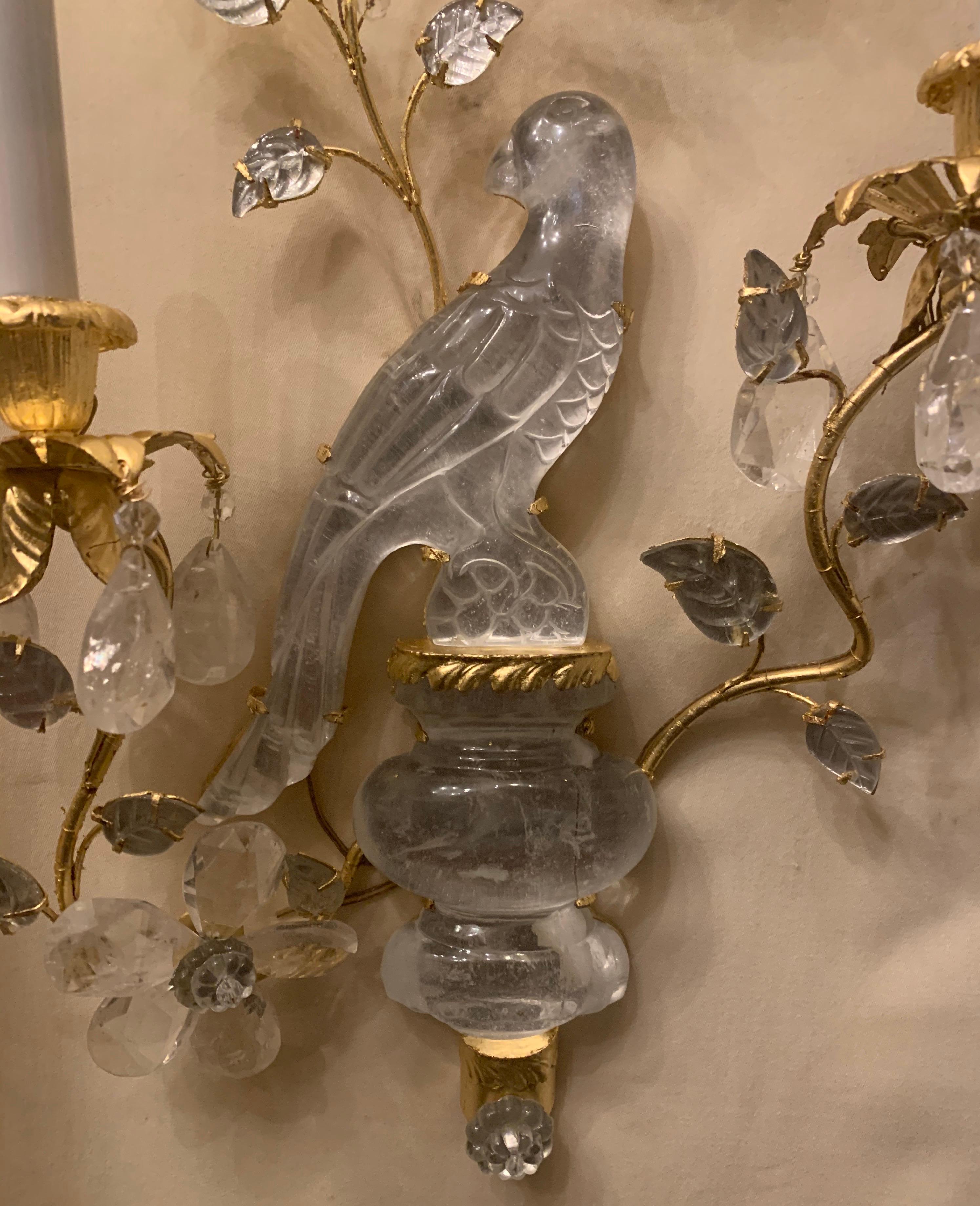 Italian Wonderful Pair of Baguès Style Two-Arm Rock Crystal Bird Parrot Urn Form Sconces