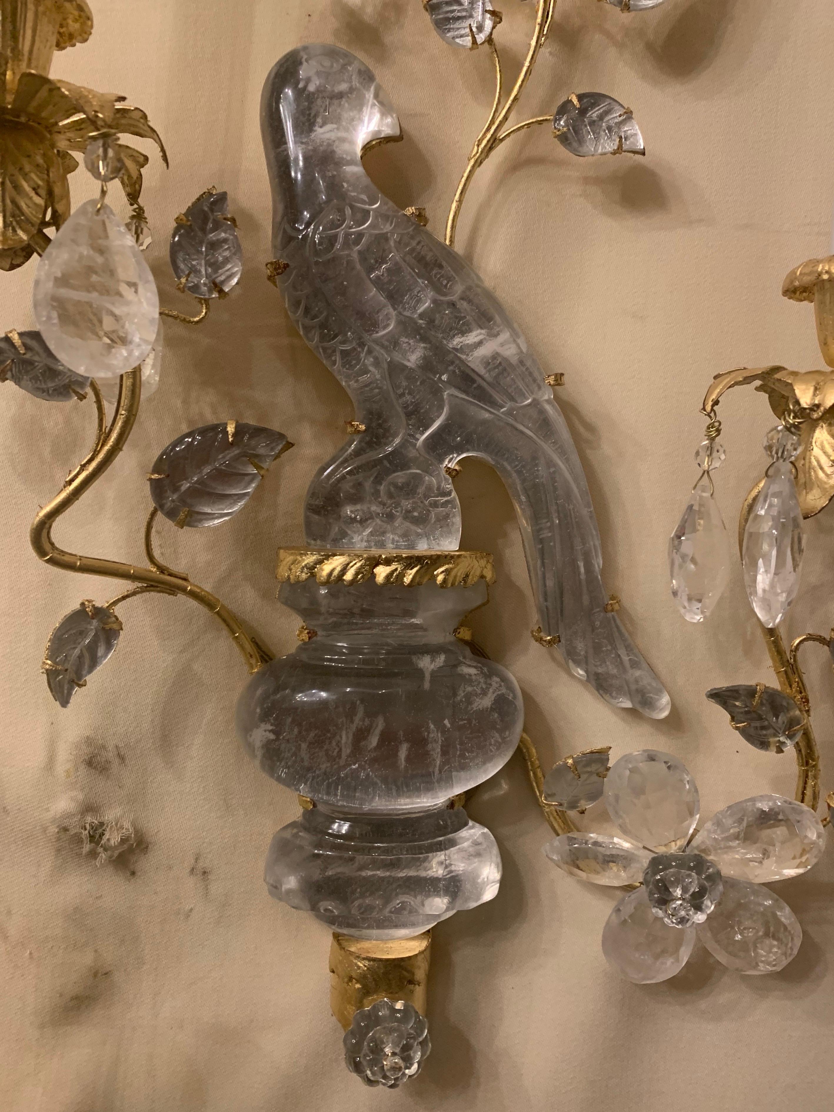 Gilt Wonderful Pair of Baguès Style Two-Arm Rock Crystal Bird Parrot Urn Form Sconces