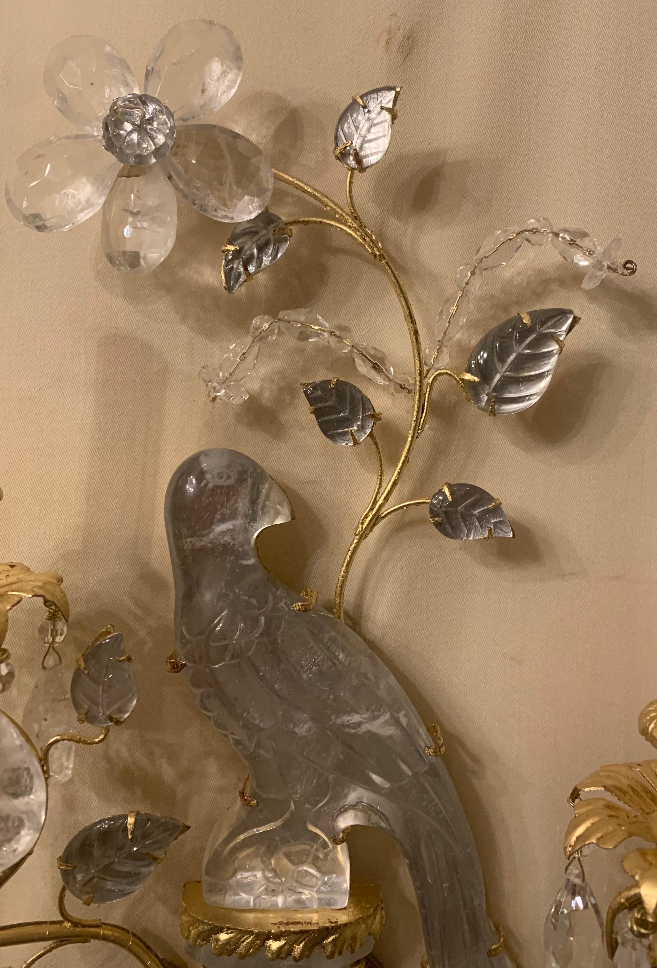 Wonderful Pair of Baguès Style Two-Arm Rock Crystal Bird Parrot Urn Form Sconces In Good Condition In Roslyn, NY