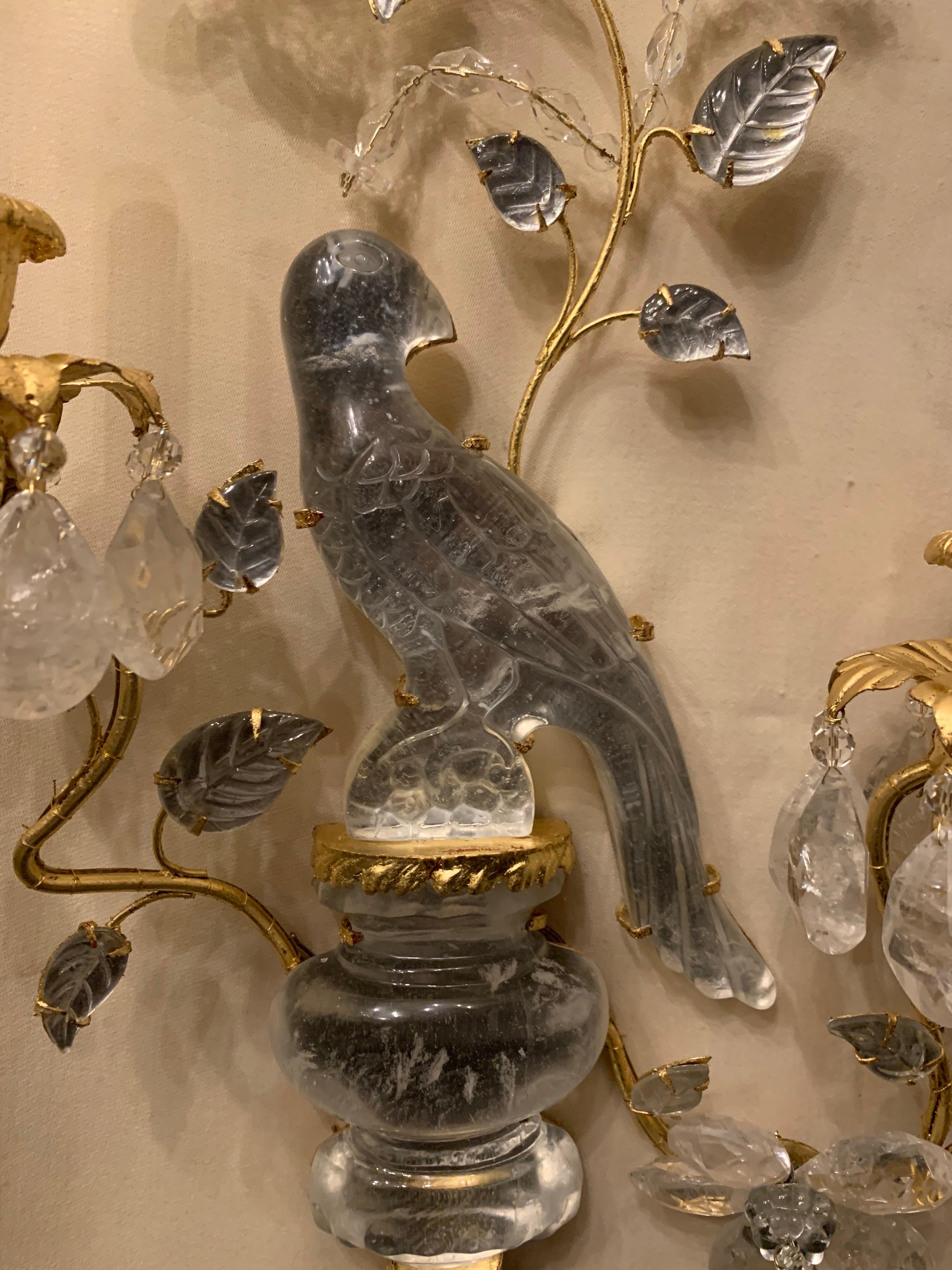 Wonderful Pair of Baguès Style Two-Arm Rock Crystal Bird Parrot Urn Form Sconces In Good Condition In Roslyn, NY