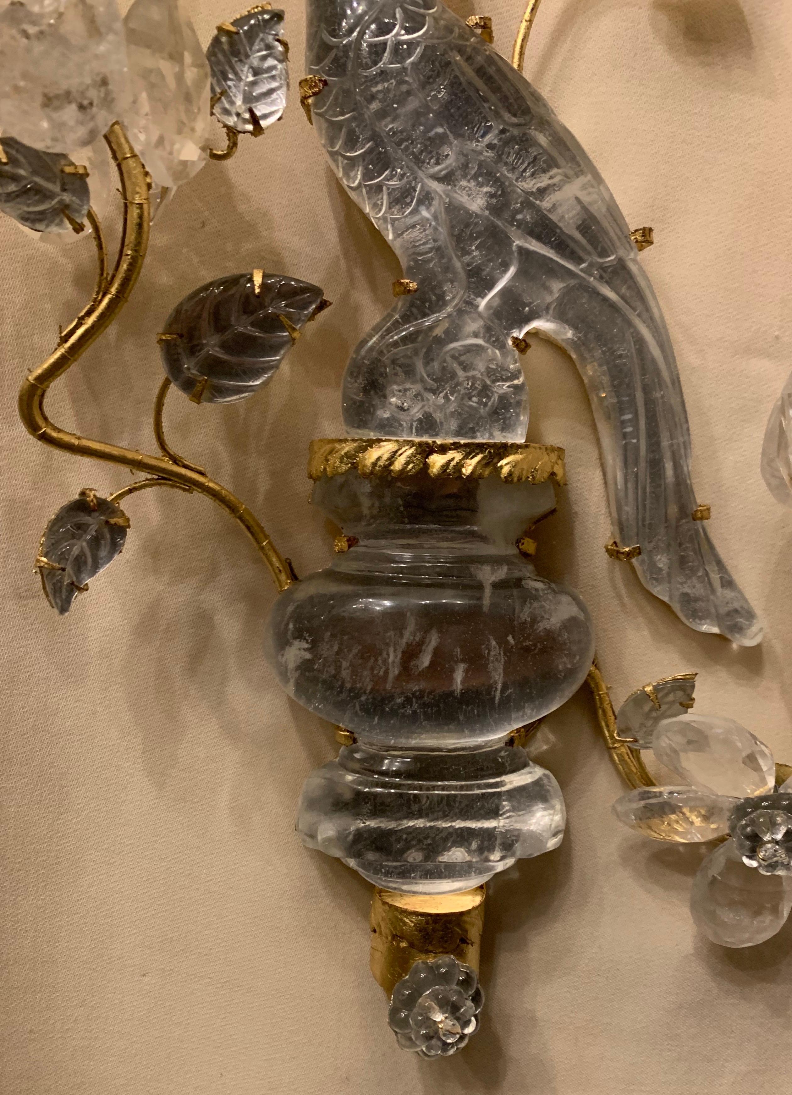 20th Century Wonderful Pair of Baguès Style Two-Arm Rock Crystal Bird Parrot Urn Form Sconces