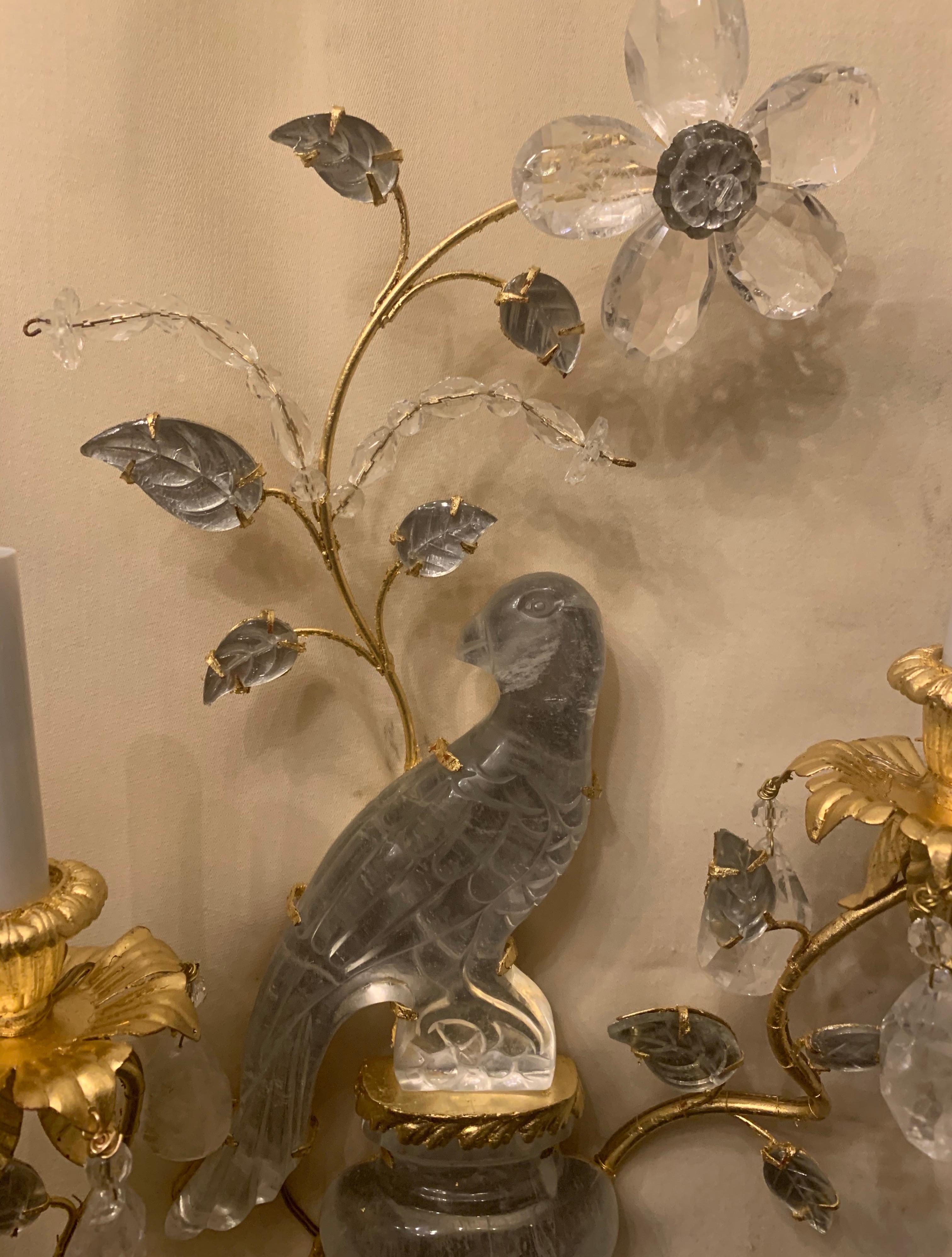 20th Century Wonderful Pair of Baguès Style Two-Arm Rock Crystal Bird Parrot Urn Form Sconces