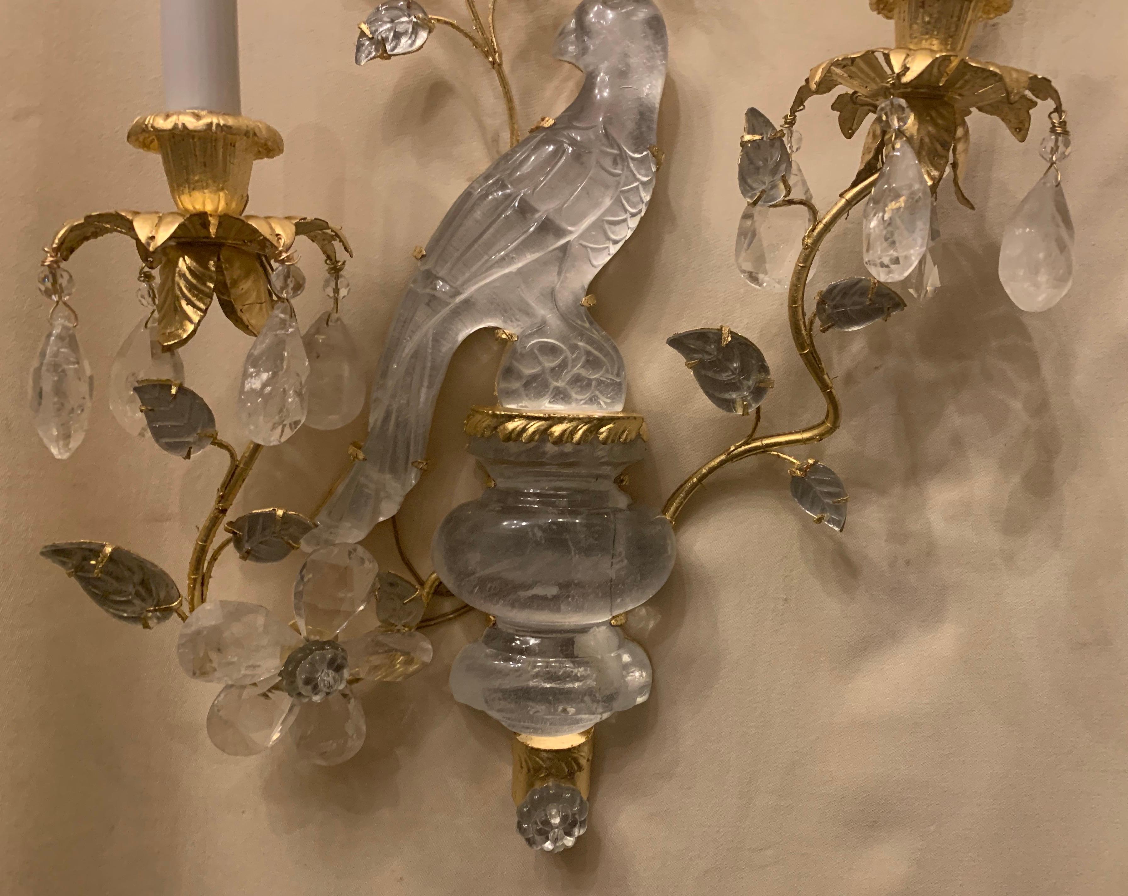 Wonderful Pair of Baguès Style Two-Arm Rock Crystal Bird Parrot Urn Form Sconces 1