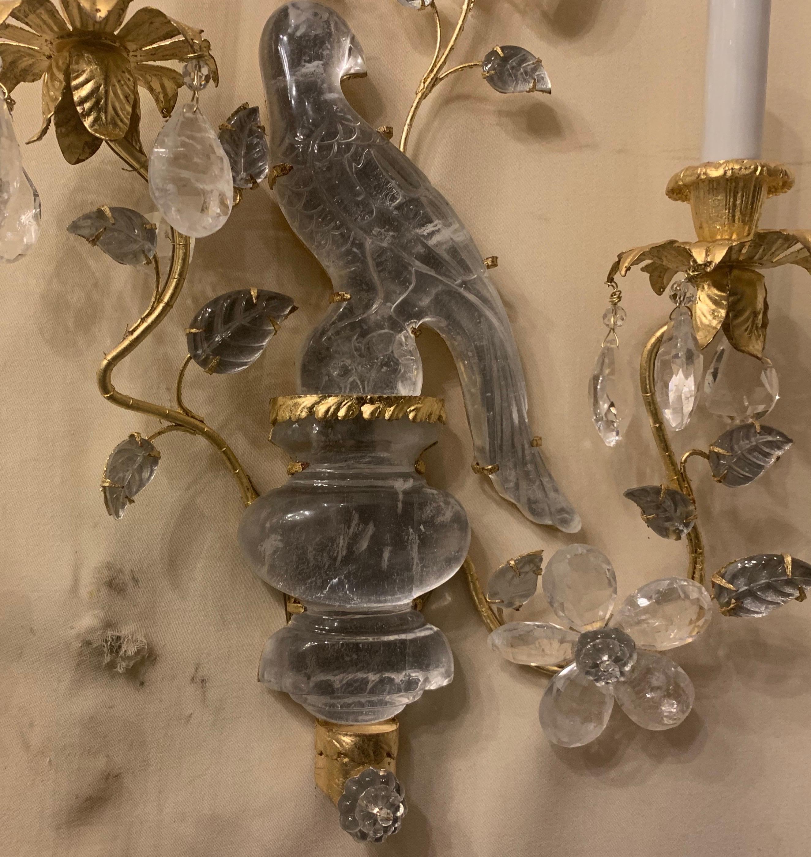 Wonderful Pair of Baguès Style Two-Arm Rock Crystal Bird Parrot Urn Form Sconces 2