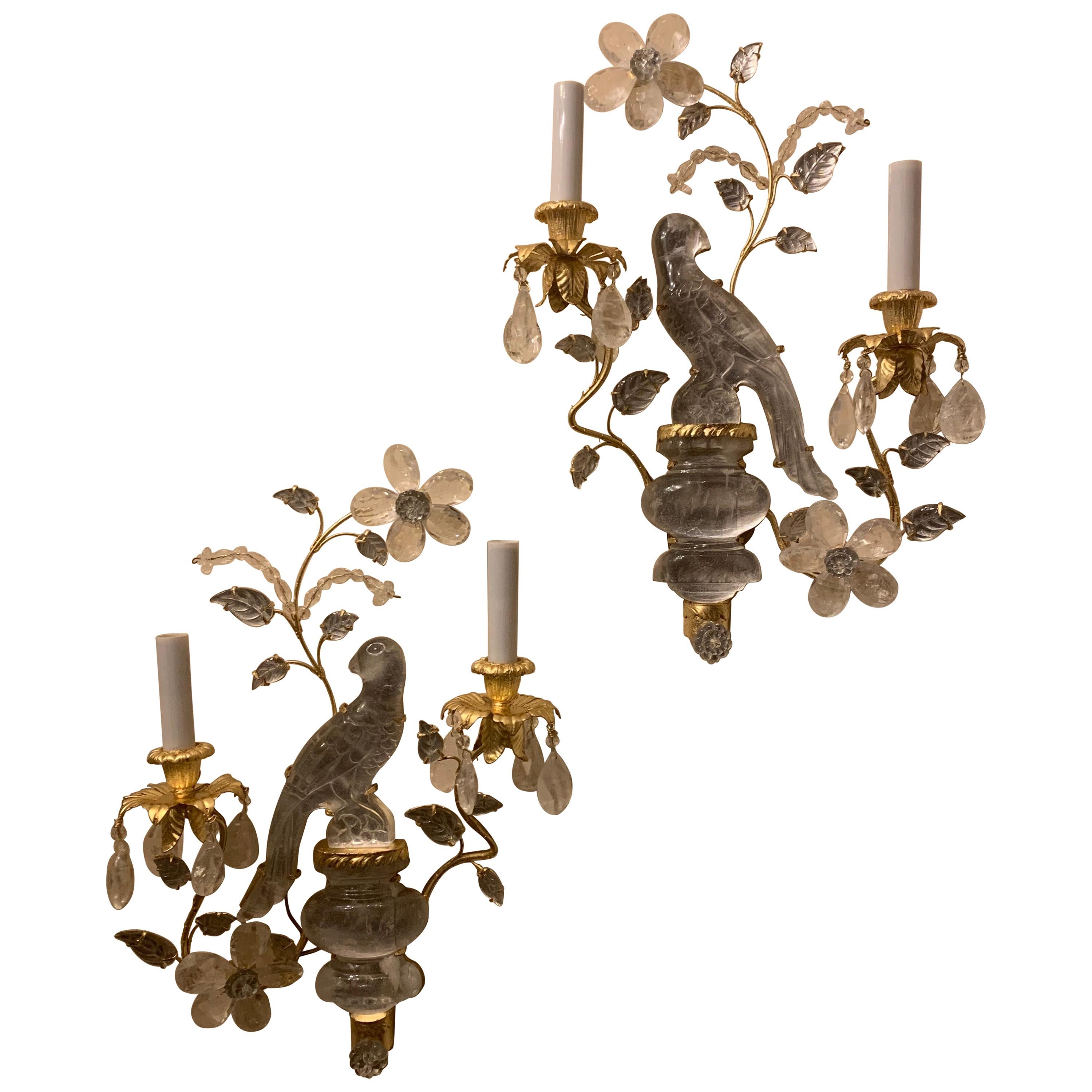Wonderful Pair of Baguès Style Two-Arm Rock Crystal Bird Parrot Urn Form Sconces