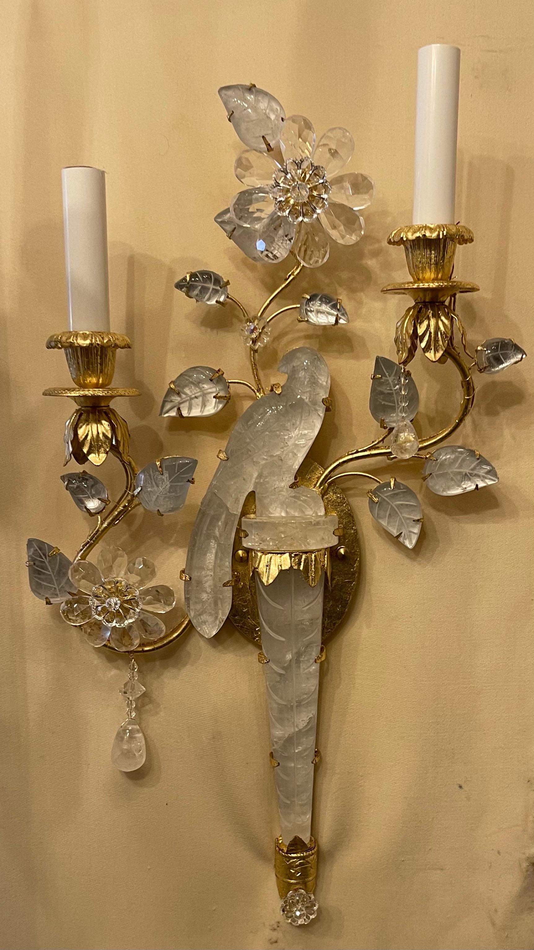 A wonderful pair of Baguès style two-arm gold gilt rock crystal bird urn and leaf form petite sconces

Second pair is also available 
Sold separately.