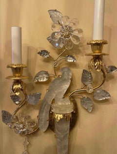 Wonderful Pair of Baguès Style Two-Arm Rock Crystal Bird Urn Form Petite Sconces