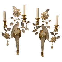 Wonderful Pair of Baguès Style Two-Arm Rock Crystal Bird Urn Form Petite Sconces