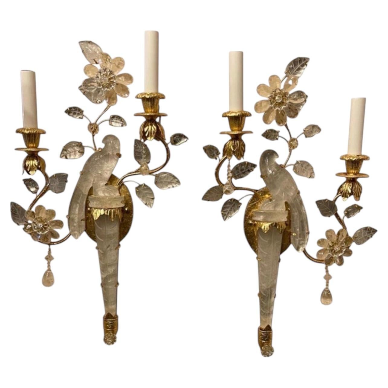 Wonderful Pair of Baguès Style Two-Arm Rock Crystal Bird Urn Form Petite Sconces