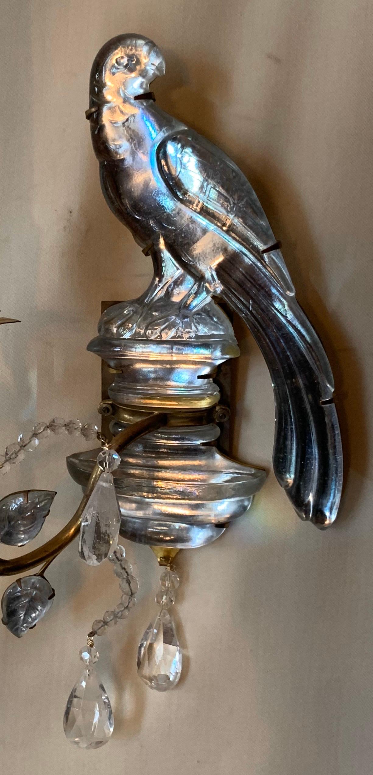 Wonderful Pair of Baguès Vintage Gilt Bronze Rock Crystal Parrot Bird Sconces In Good Condition In Roslyn, NY