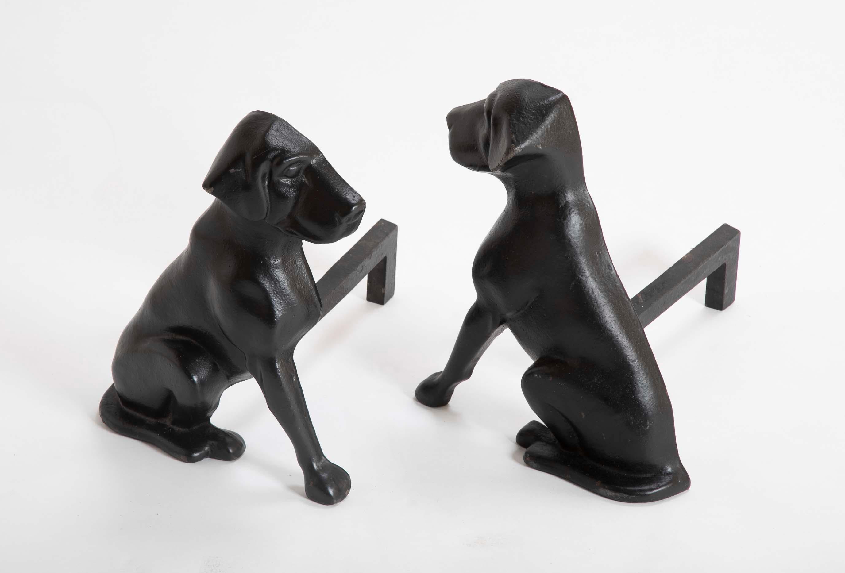 Arts and Crafts Wonderful Pair of Black Lab Wrought iron Andirons