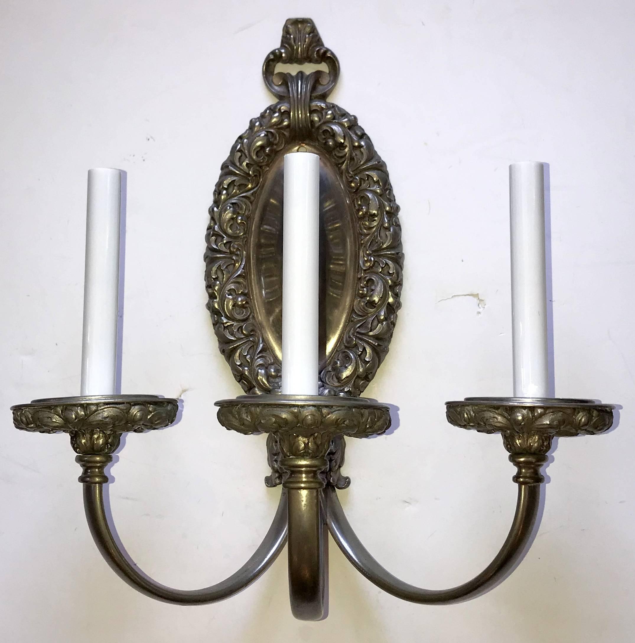 American Wonderful Pair of Brushed Silvered Bronze Filigree Neoclassical Caldwell Sconces For Sale