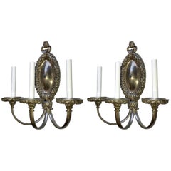 Wonderful Pair of Brushed Silvered Bronze Filigree Neoclassical Caldwell Sconces