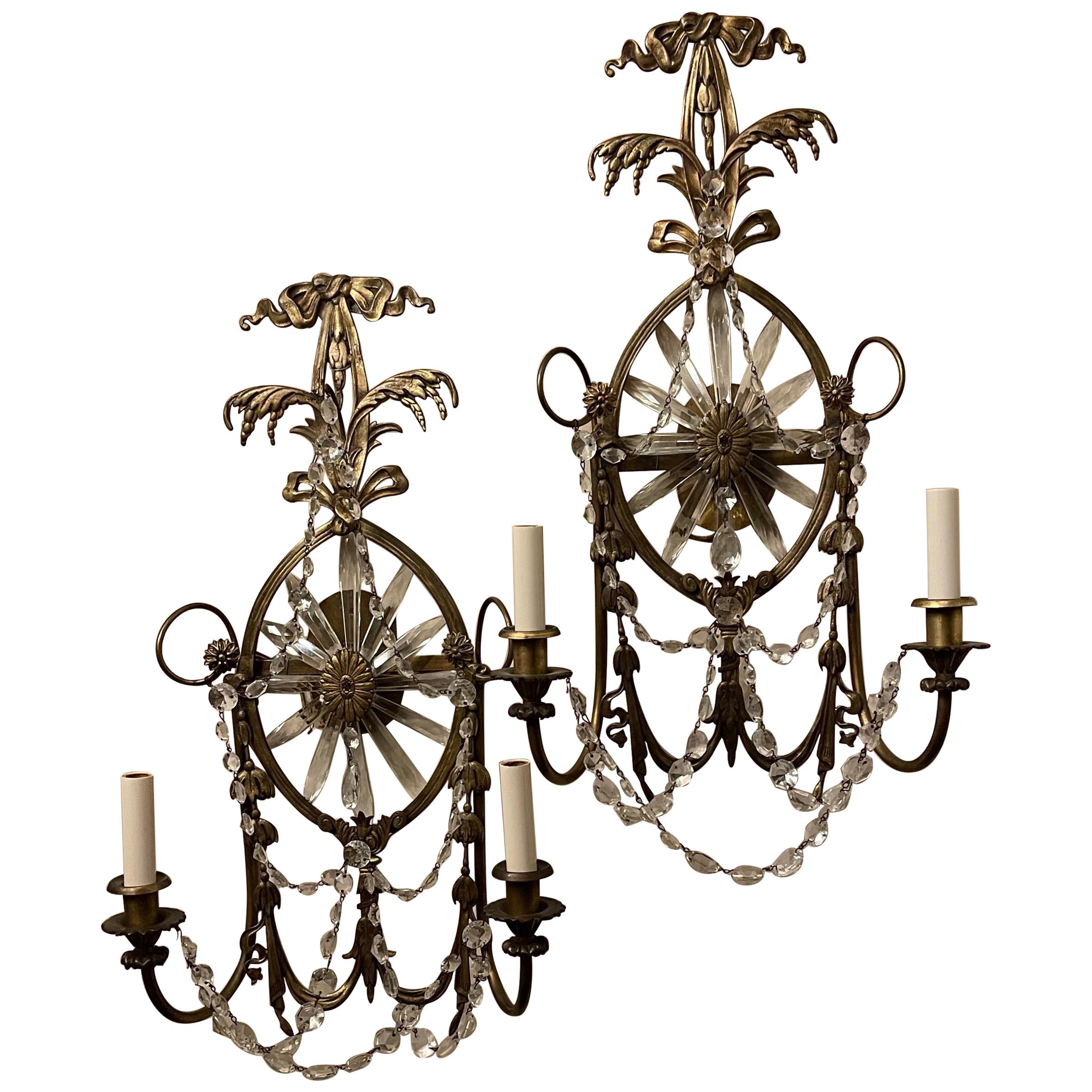 Wonderful Pair of Caldwell Bronze Bow Swag Crystal Sunburst Star Elegant Sconces For Sale