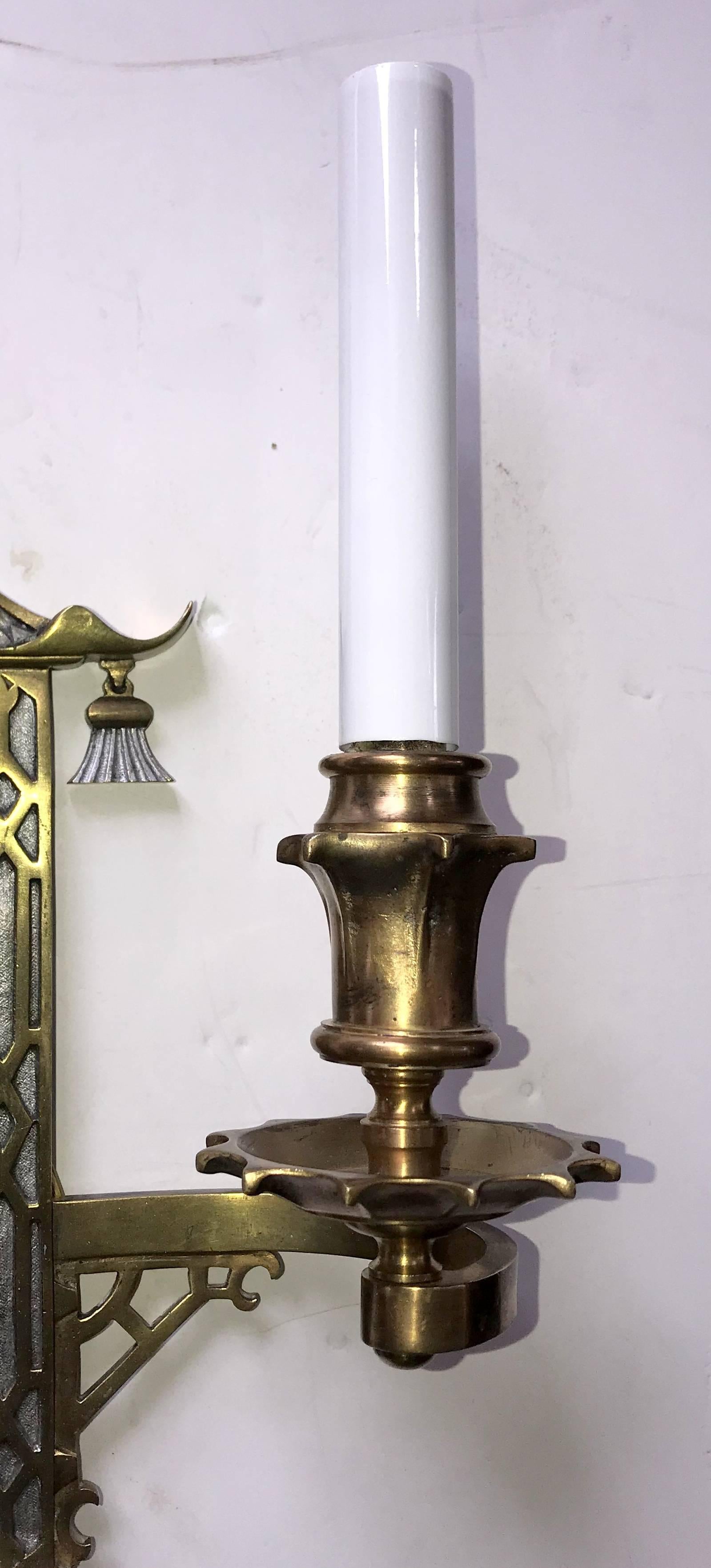 American Wonderful Pair of Chinoiserie Pagoda Silvered Bronze Sconces E.F. Caldwell Rare