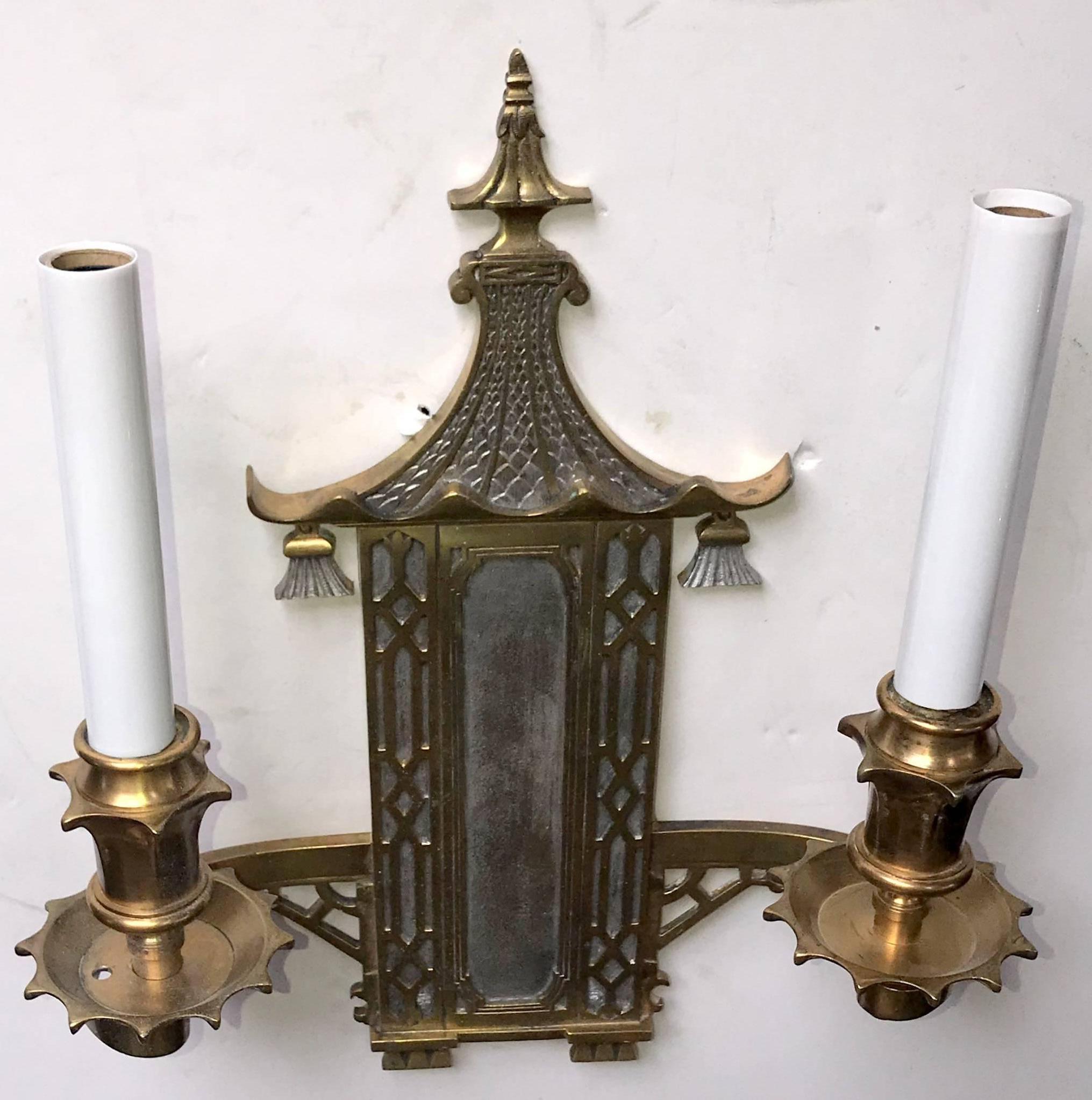 Wonderful Pair of Chinoiserie Pagoda Silvered Bronze Sconces E.F. Caldwell Rare In Good Condition In Roslyn, NY